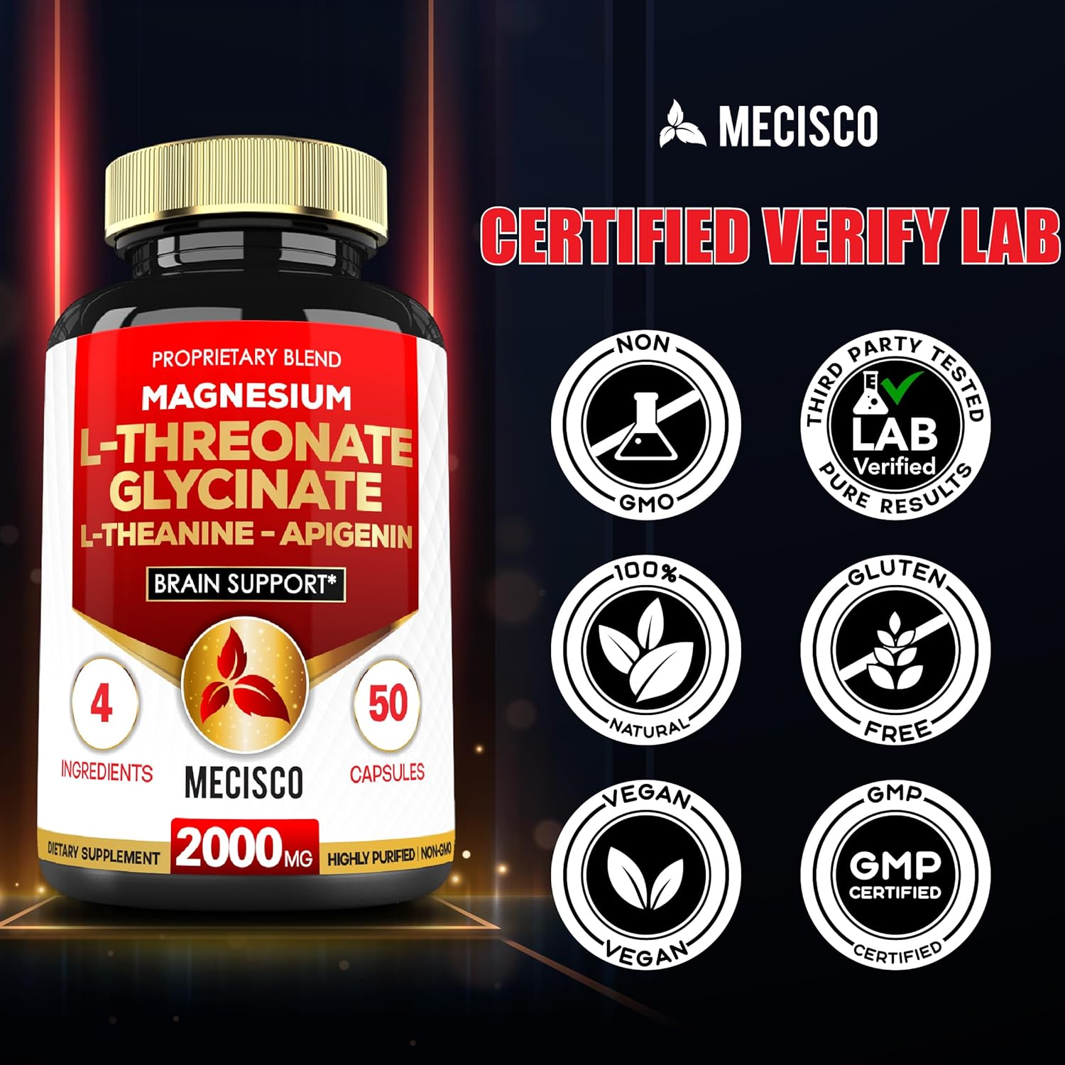 2 paquetes_50 cápsulas de 2000 mg de magnesio L de treonato de suplemento con glicinato de magnesio, L-teanina y apigenina, estado de ánimo