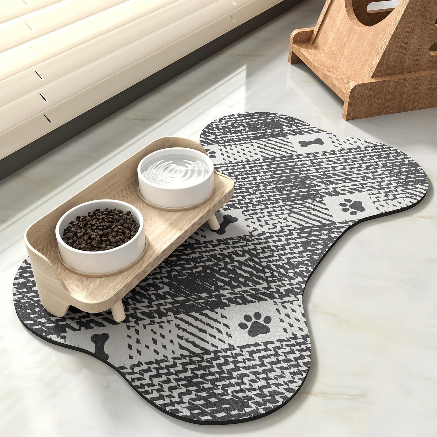 Tapete de comida para perros – Tapete absorbente de comida para mascotas – Tapete para cuenco para perros con forma de hueso, tapete de alimentación