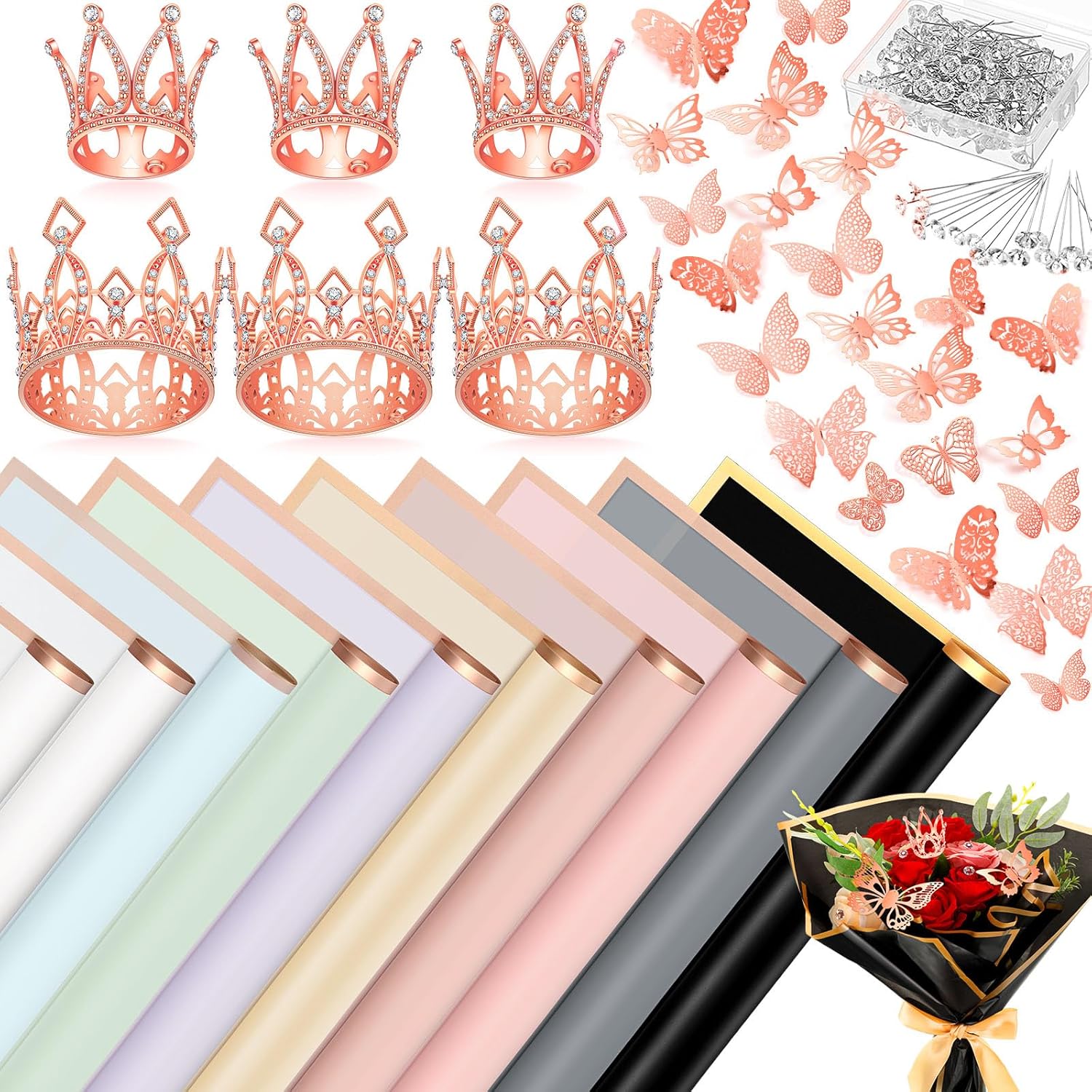 Ceenna 294 accesorios para ramos de flores que incluyen 40 hojas de papel de regalo de flores con borde dorado, 6 mini coronas, 48 decoraciones de