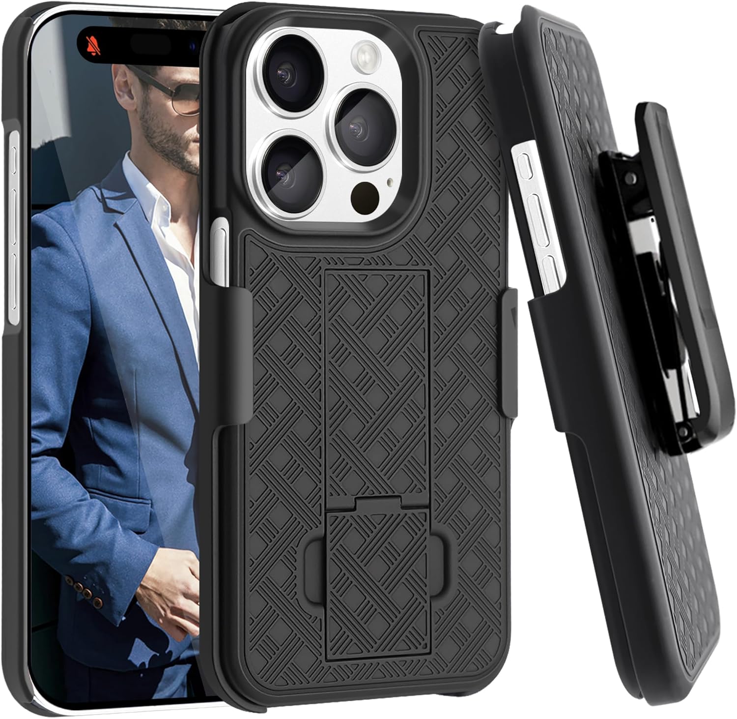 Fingic Funda para iPhone 15 Pro con funda con clip para cinturón Carcasa delgada combinada con soporte giratorio para cinturón con clip para