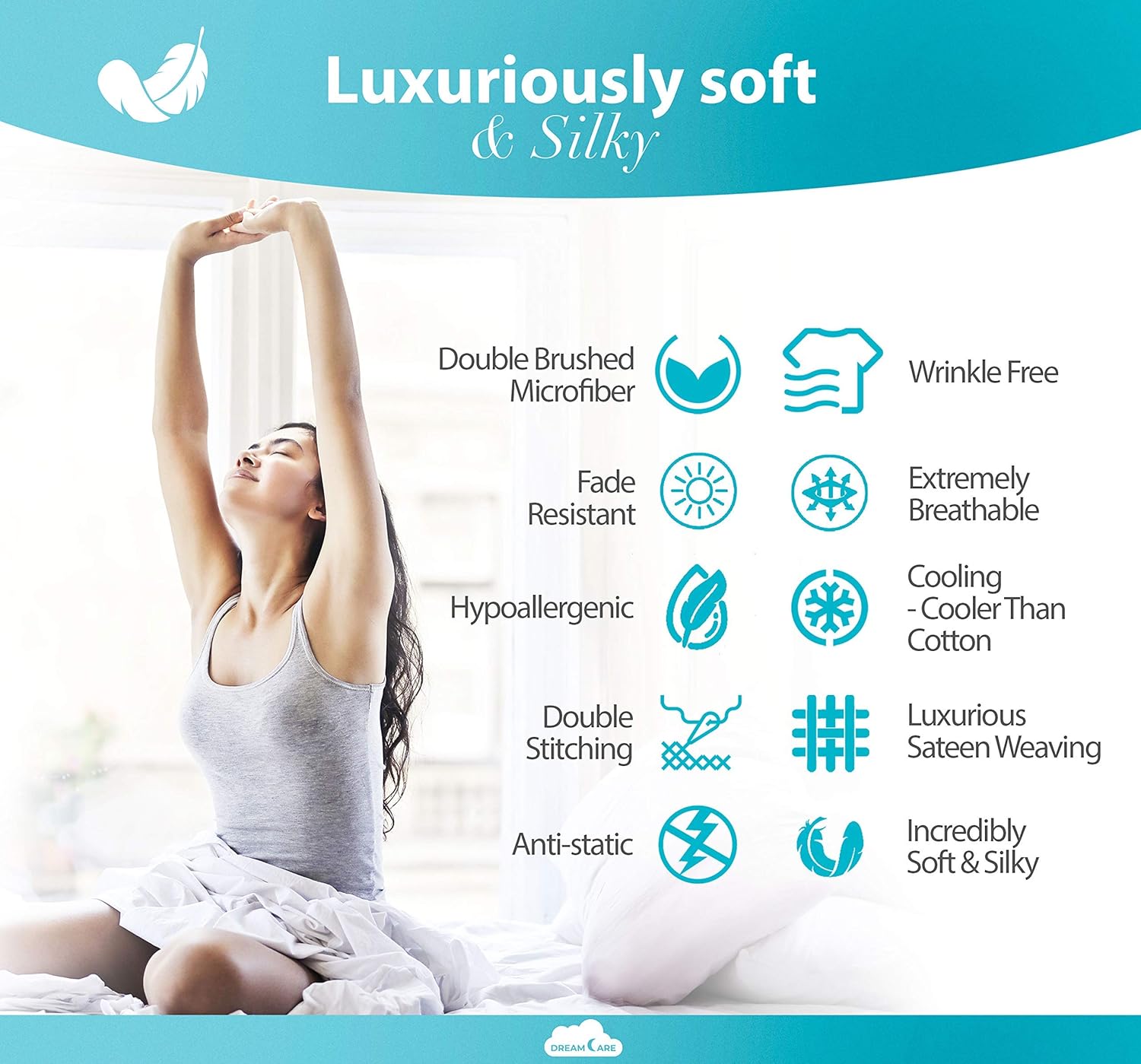 DREAMCARE – Juego de sábanas de tamaño matrimonial, 6 piezas, refrescantes, suaves y duraderas, de 100% poliéster de microfibra de cepillado fino,