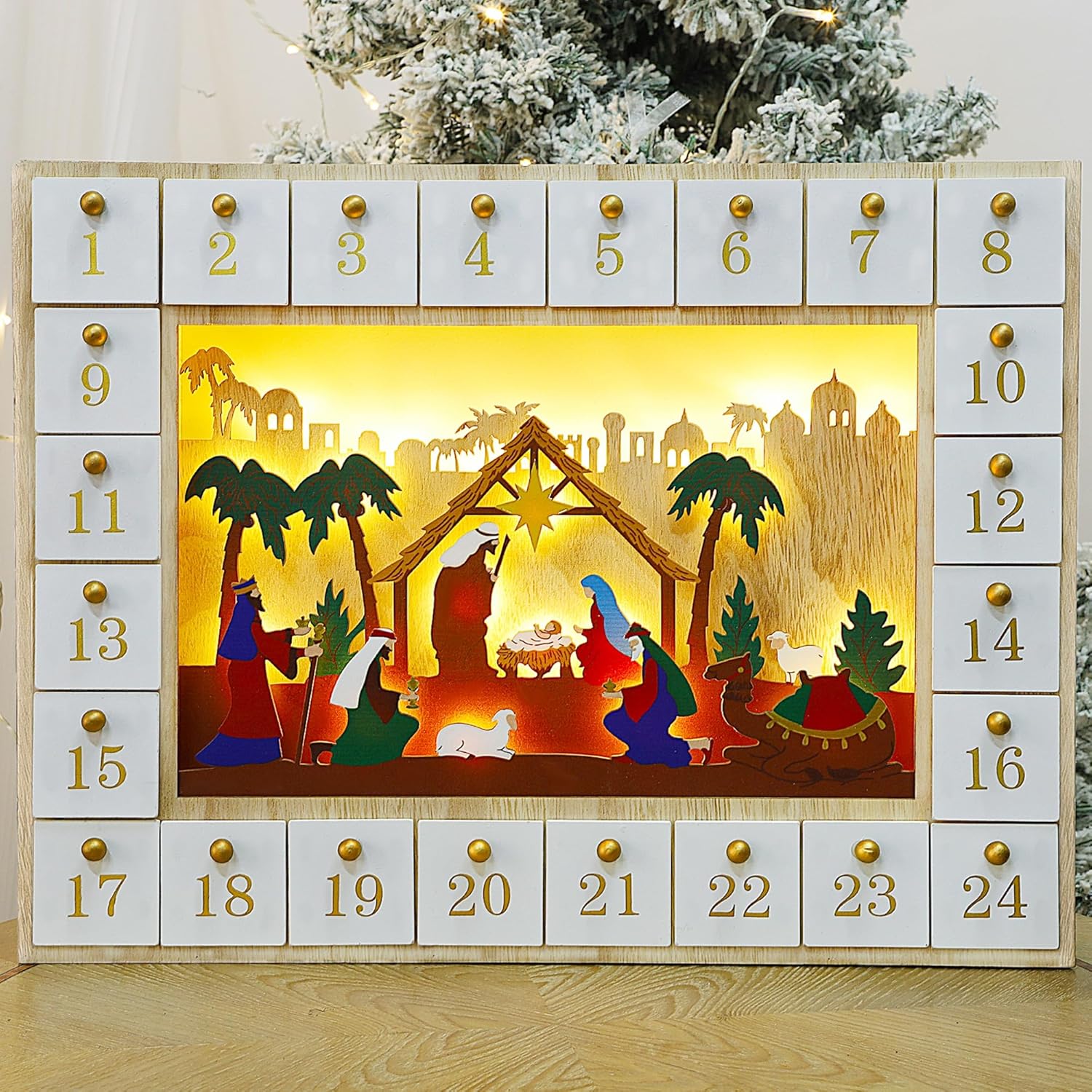 Lulu Home Calendario de Adviento de Navidad, 2023 caja de Adviento con iluminación de belén con cajones, cuenta regresiva de 24 días para Navidad,