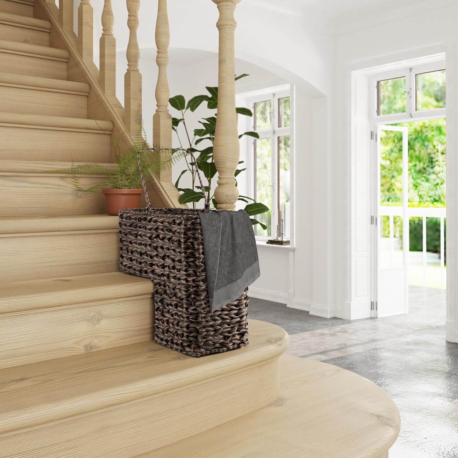 Cesta de mimbre para escaleras, tejida a mano, de varios pisos, cesta de almacenamiento de fieltro para escaleras, organización de zapatos, reunión