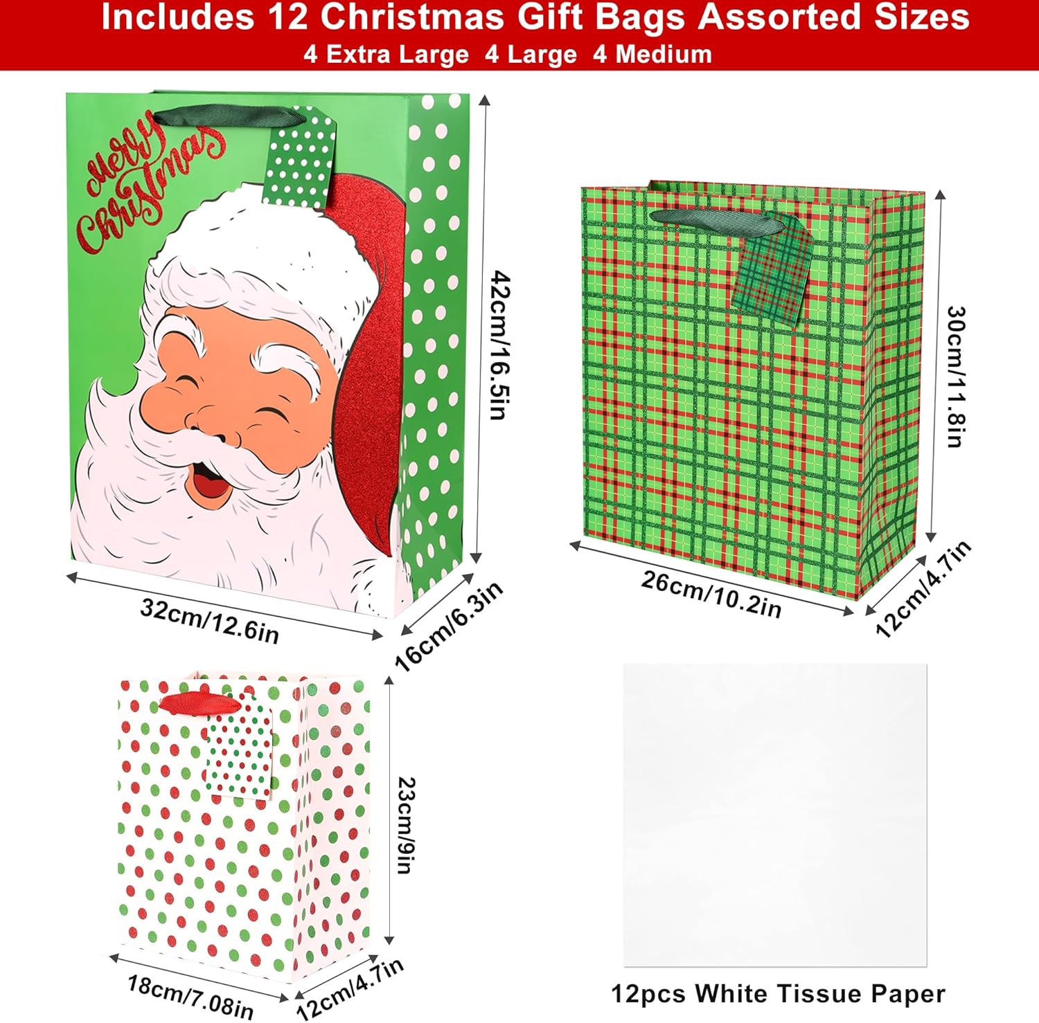 Giiffu Bolsas de regalo brillantes de Navidad, 12 estilos de bolsas de Navidad a granel, bolsas de Navidad con asas, bolsas de regalo reutilizables,