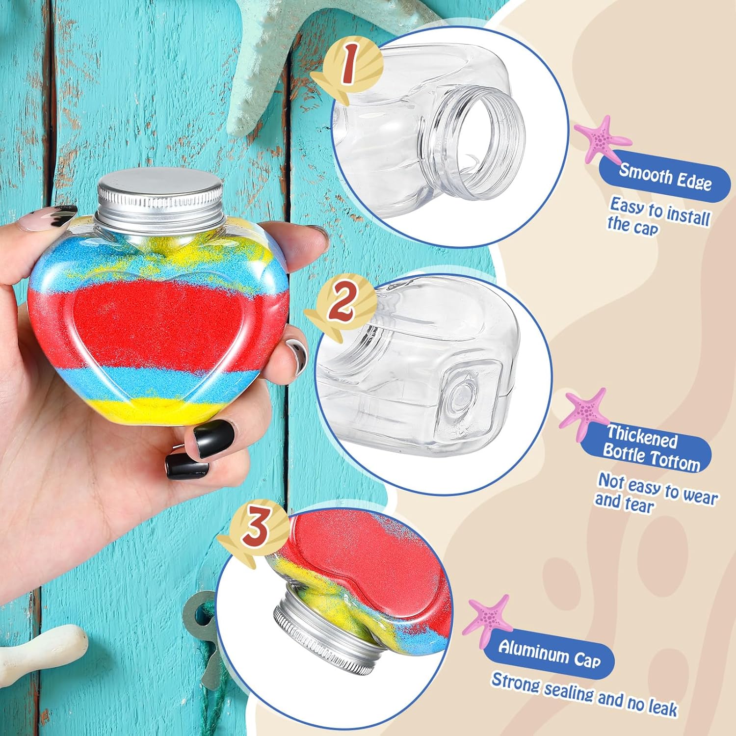 Hsei 50 botellas de arte de arena, botellas de poción de plástico con 5 embudos pequeños, kits de contenedores de arte de arena para niños, fiestas