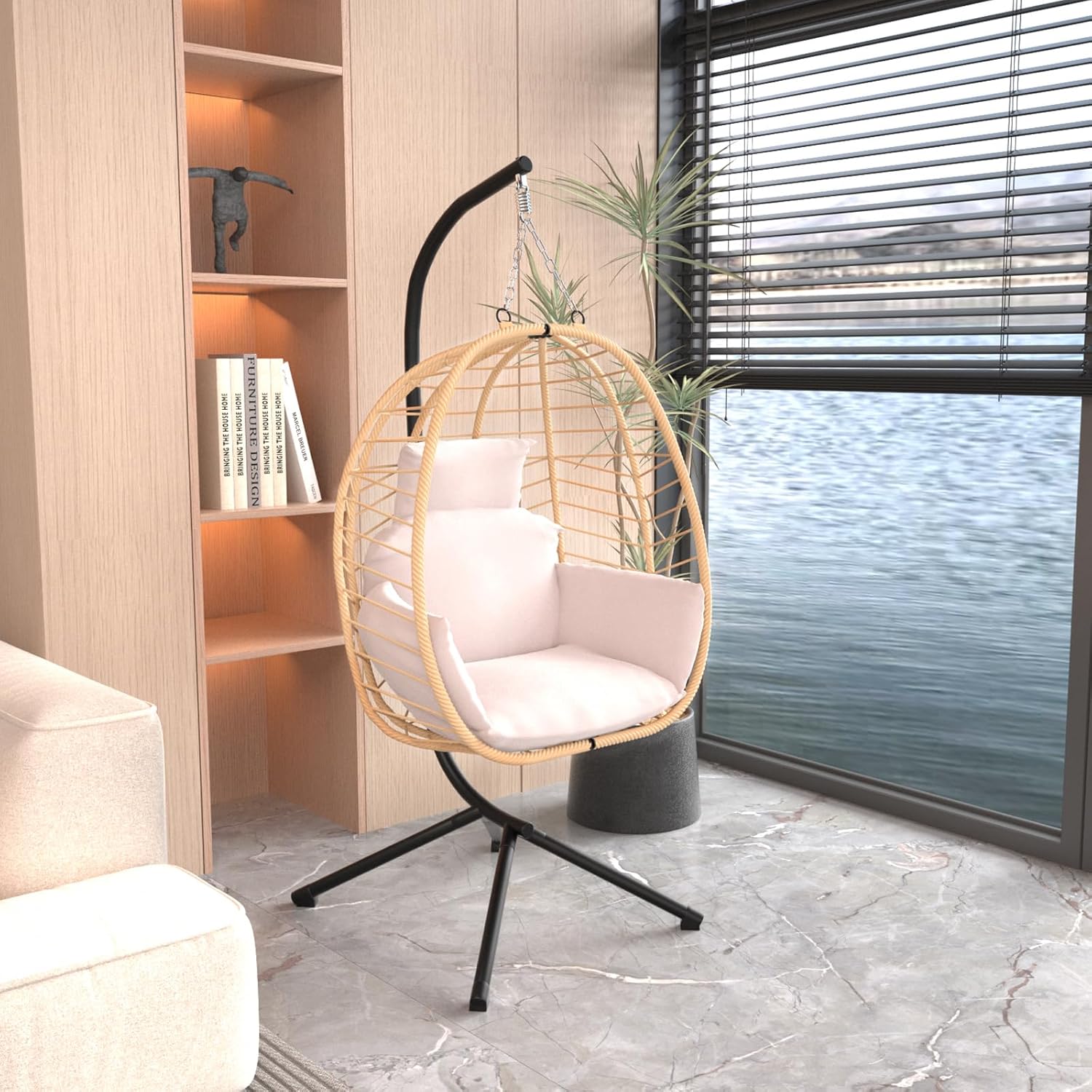 Silla colgante de huevo con soporte, hamaca de patio, silla oscilante, cesta de mimbre de ratán, altura ajustable, resistente a los rayos UV, uso en