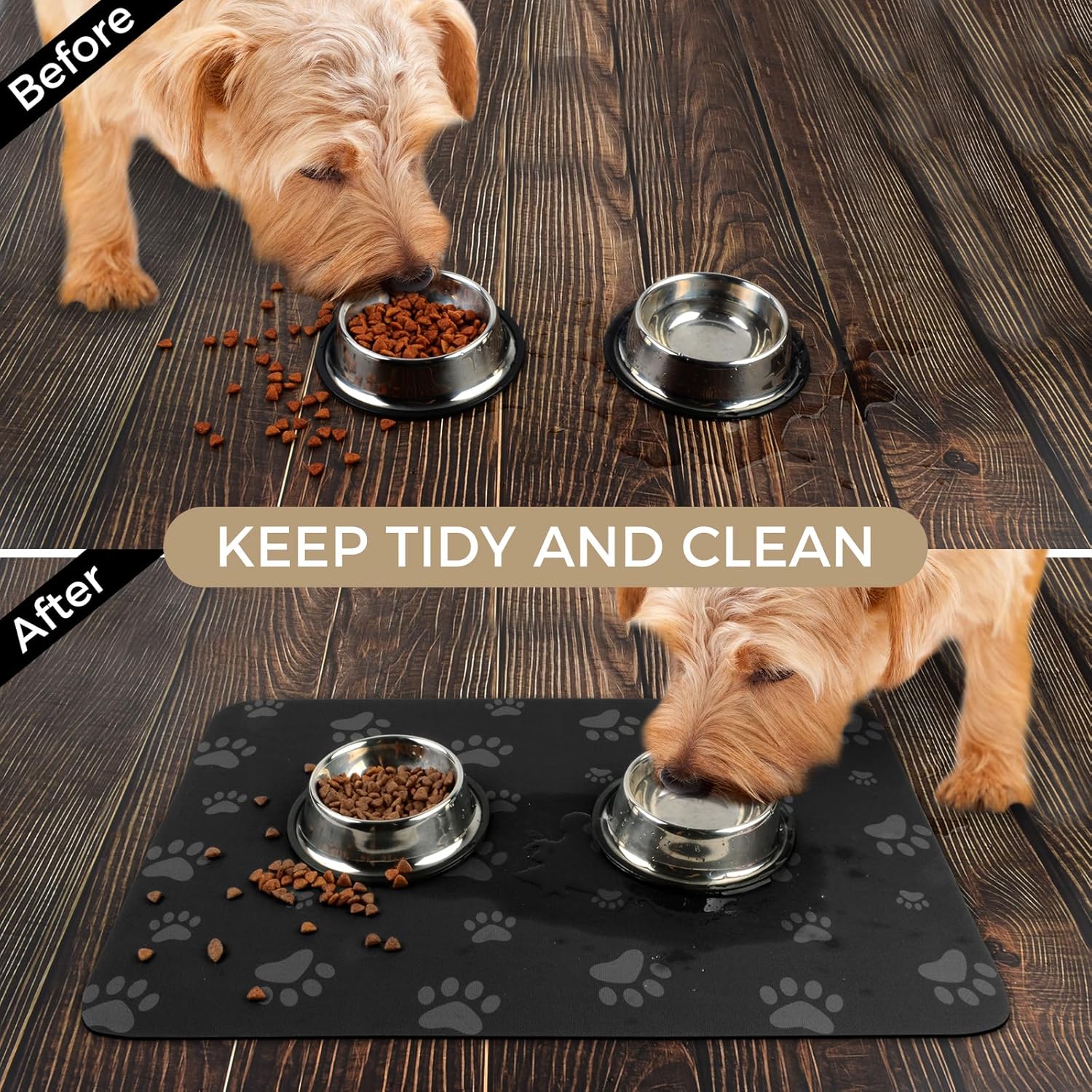 SINLAND Tapete absorbente para alimentación de mascotas de 16 x 24 pulgadas, impermeable, tapete de goma para comida y agua, sin manchas, de secado