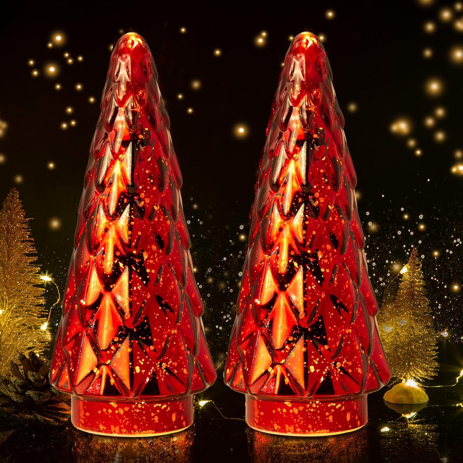 Árbol de Navidad de vidrio de mercurio, paquete de 2 decoraciones iluminadas para árbol de Navidad, centro de mesa de vacaciones, funciona con pilas