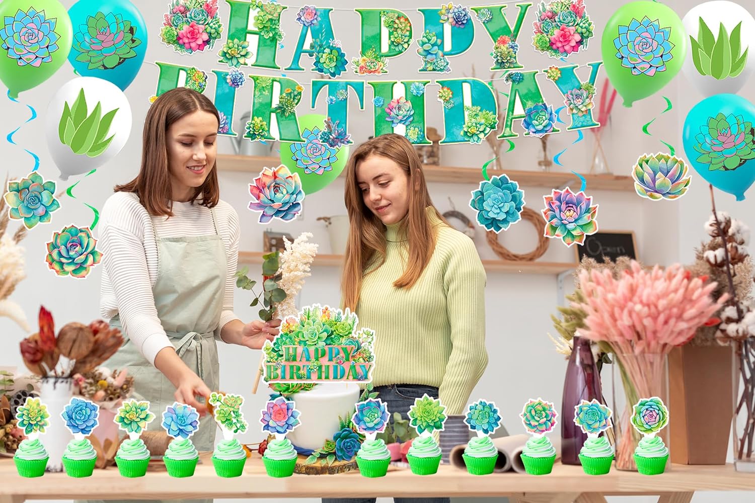 Plantas suculentas, decoraciones de fiesta de cumpleaños, plantas suculentas, suministros de fiesta, incluye pancarta de cumpleaños, decoración de