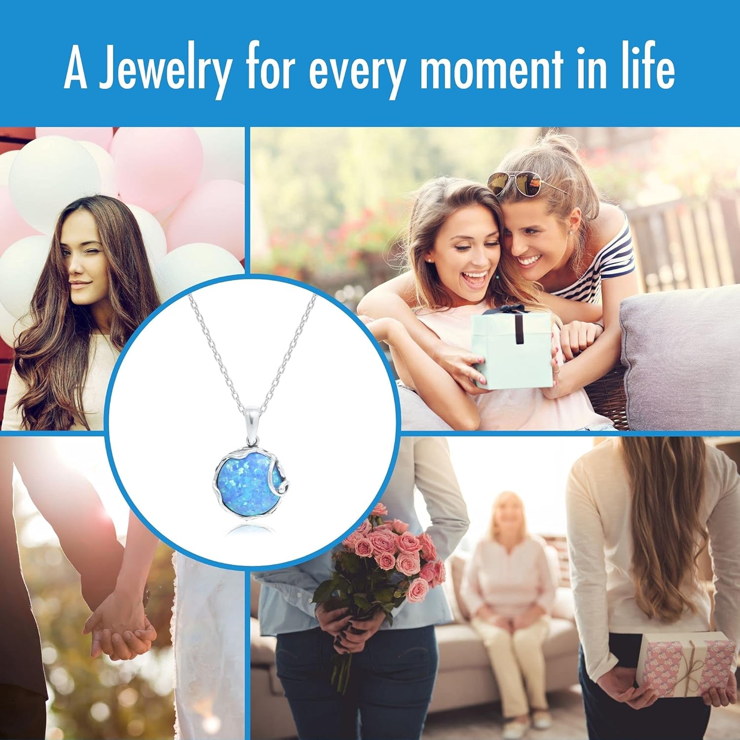 925 Sterling Silver Blue Opal Large Pendant Libra Natural October Birthstone Round Pendant Antique Jewelry For Women  Handmade Vintage Style Fire