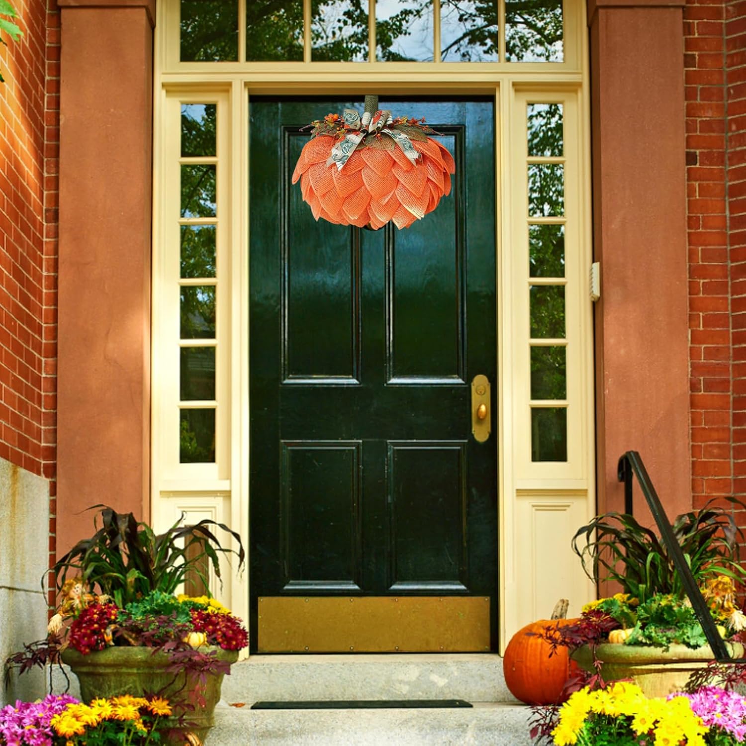 Corona de arpillera de otoño, corona de calabaza de arpillera, corona de calabaza de Acción de Gracias para puerta delantera, decoración de calabaza