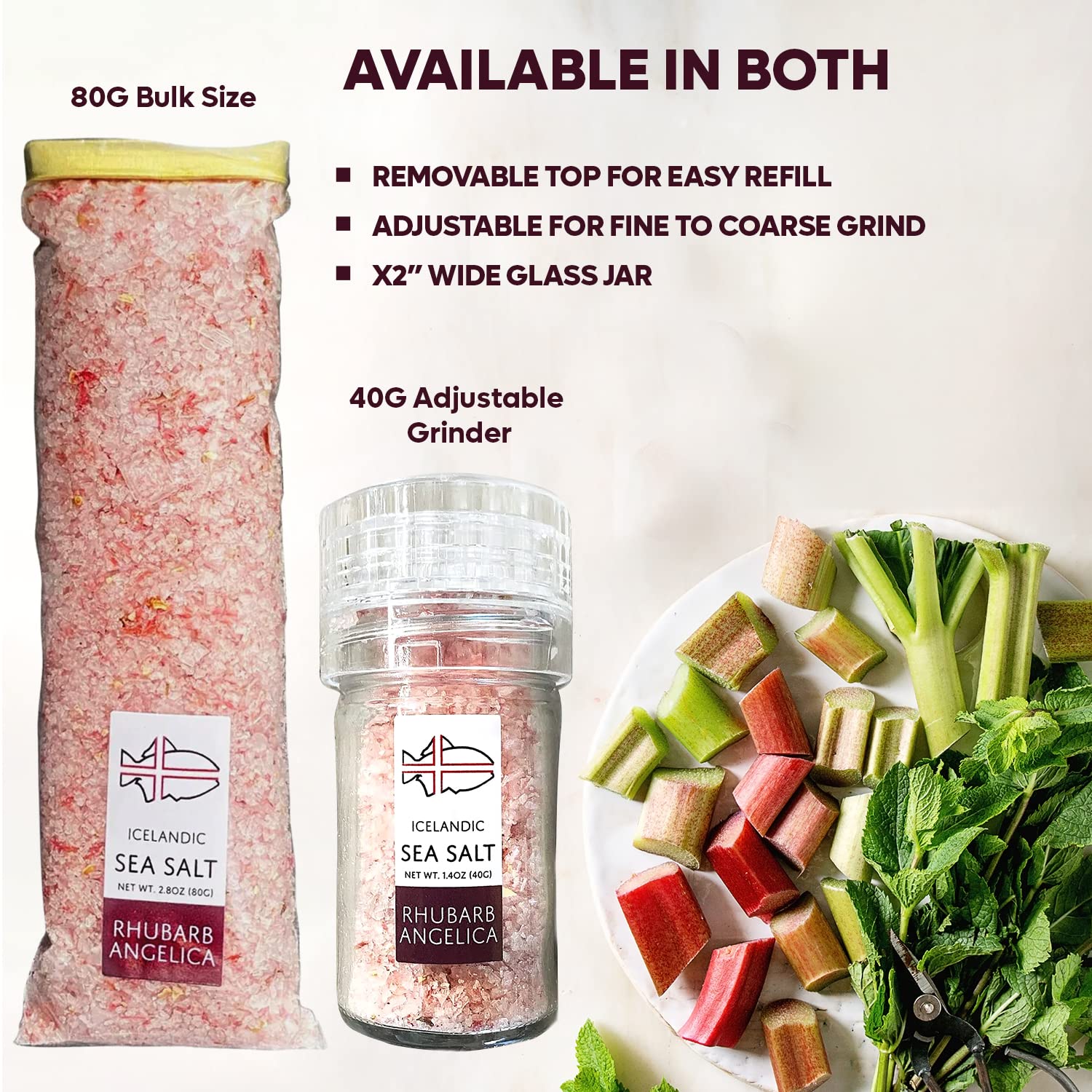 Sal marina islandesa  Sal marina saborizada hecha a mano, con todos los ingredientes naturales y sal escamosa pura de Islandia (ruibarbo angélica,