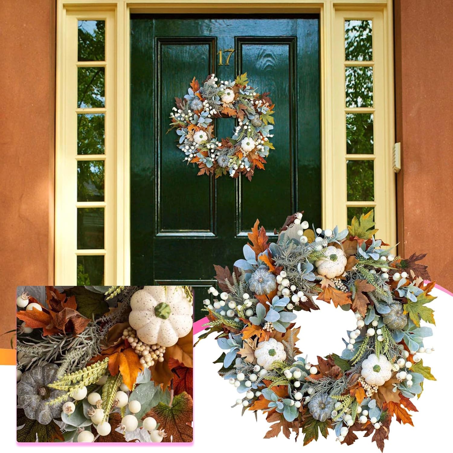Corona de otoño de 17.7 pulgadas para puerta delantera, corona de calabaza de otoño, corona de Halloween, corona de Acción de Gracias para