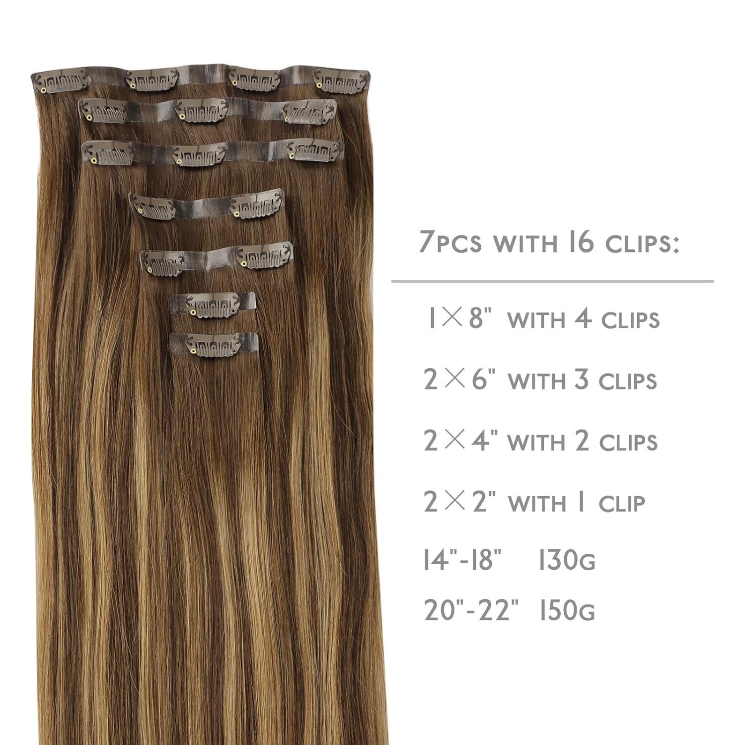 Wennalife – Extensiones de cabello humano sin costuras, clip en extensiones de cabello Remy de 14 a 22 pulgadas 7 unidades 130g a 150g