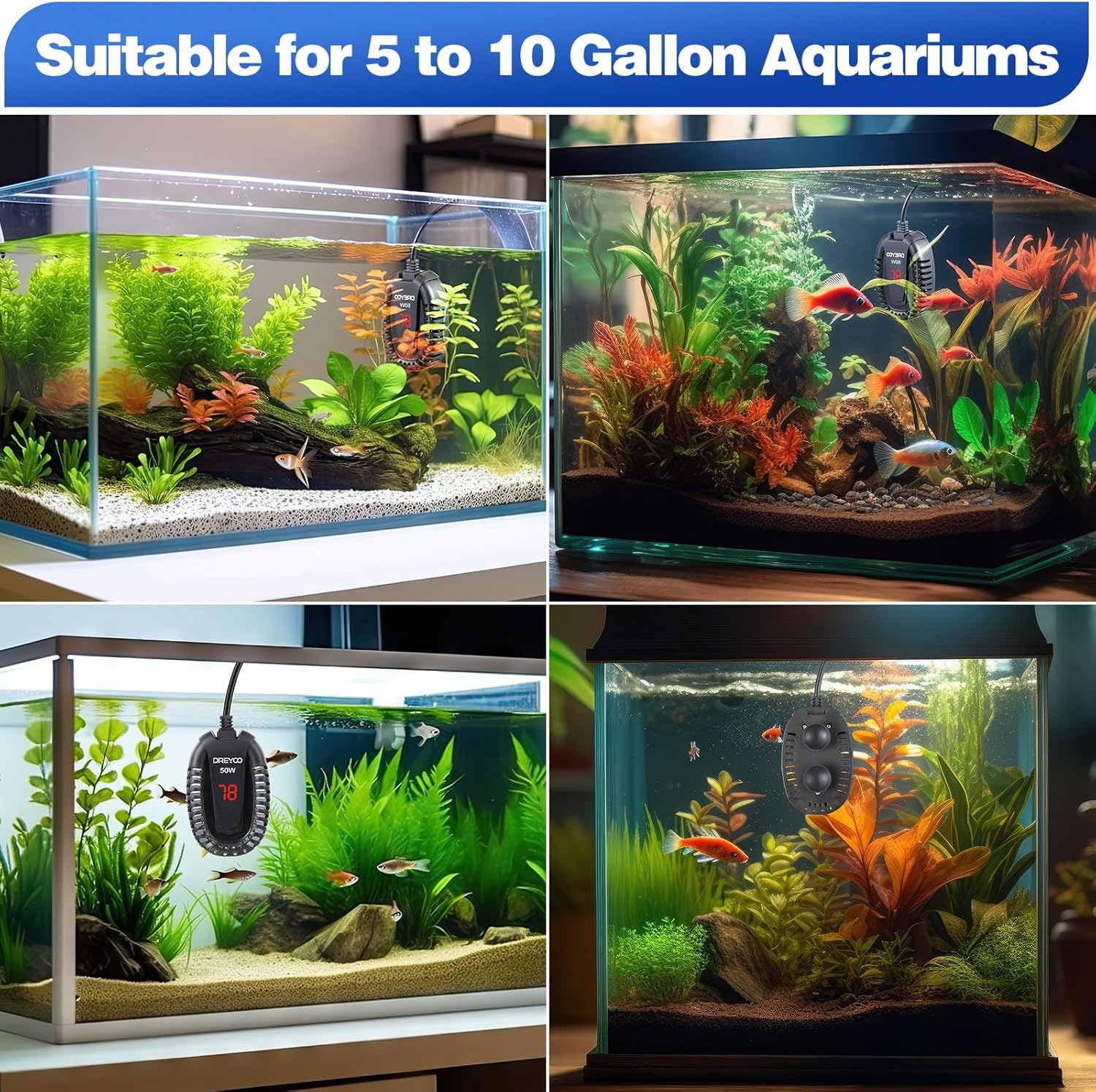 Paquete de 2 calentadores de acuario pequeños de 50 W, calentador sumergible para tanque de peces pequeños para calentador de tanque Betta Turtle de