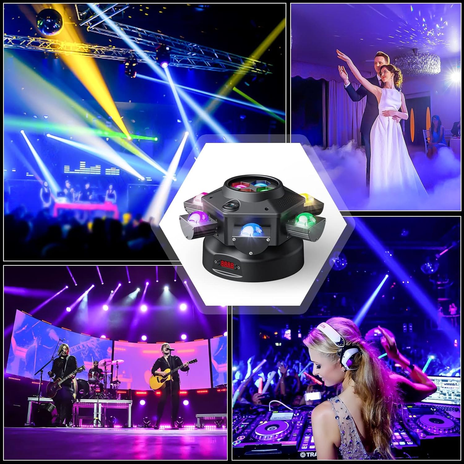 Luces de DJ de cabeza móvil, luz LED RGBW de 150 W con efectos de iluminación mixtos, luces de fiesta de 6 brazos compatibles con DMX-512 y activado