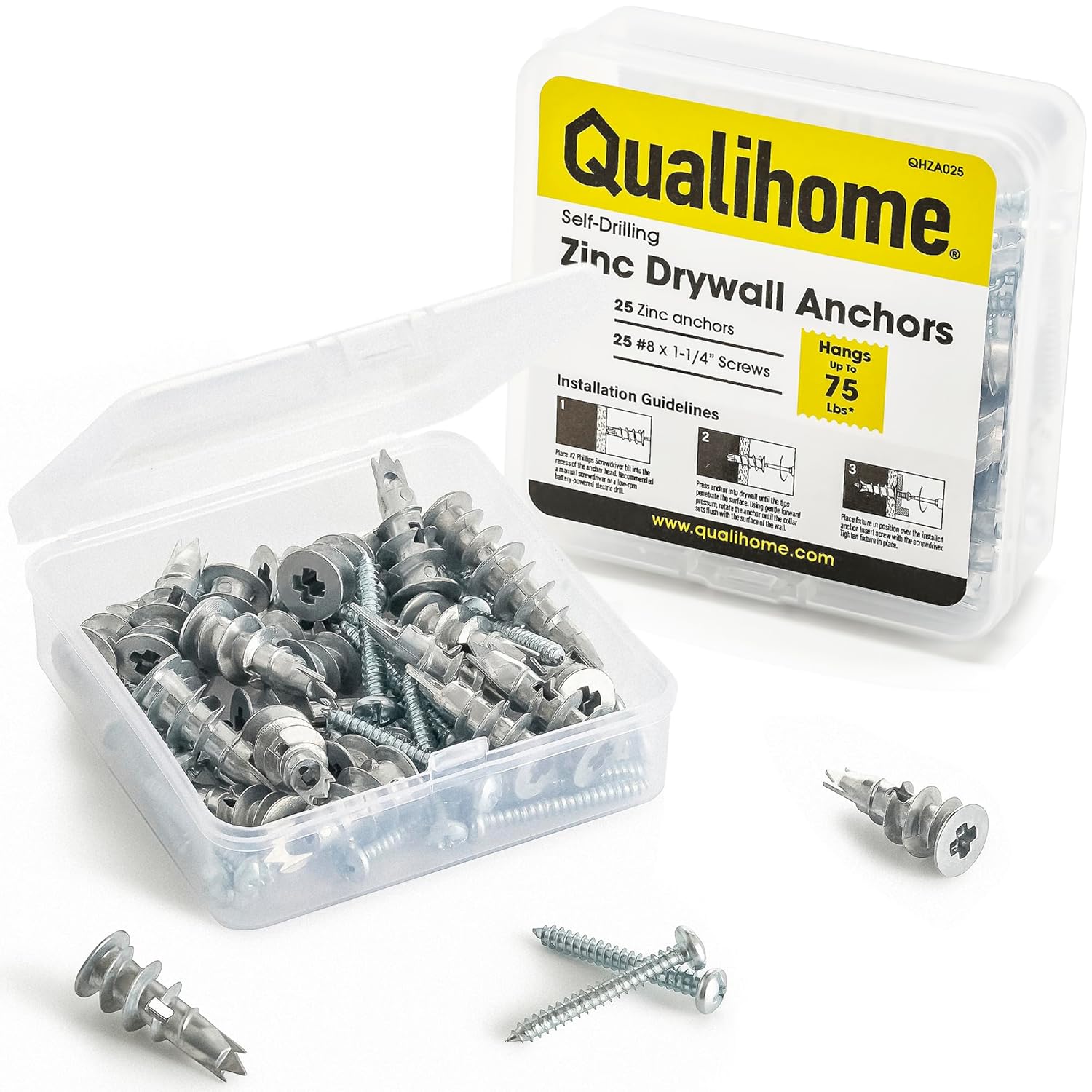 Qualihome Kit de anclaje de pared hueca de zinc autoperforante con tornillos, anclajes de metal autoperforantes para paneles de yeso con aletas de