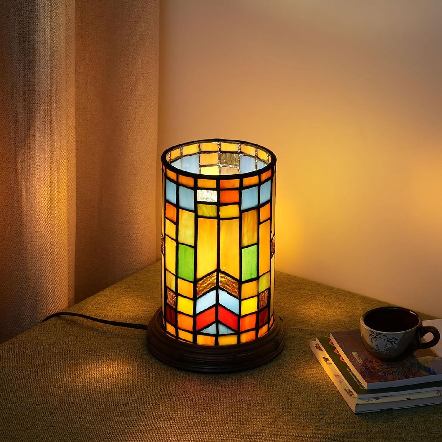 Lámpara de mesa estilo Tiffany con vitrales bohemios, bloque para sala de estar, dormitorio, mesita de noche, florero, decoración pequeña, luz de