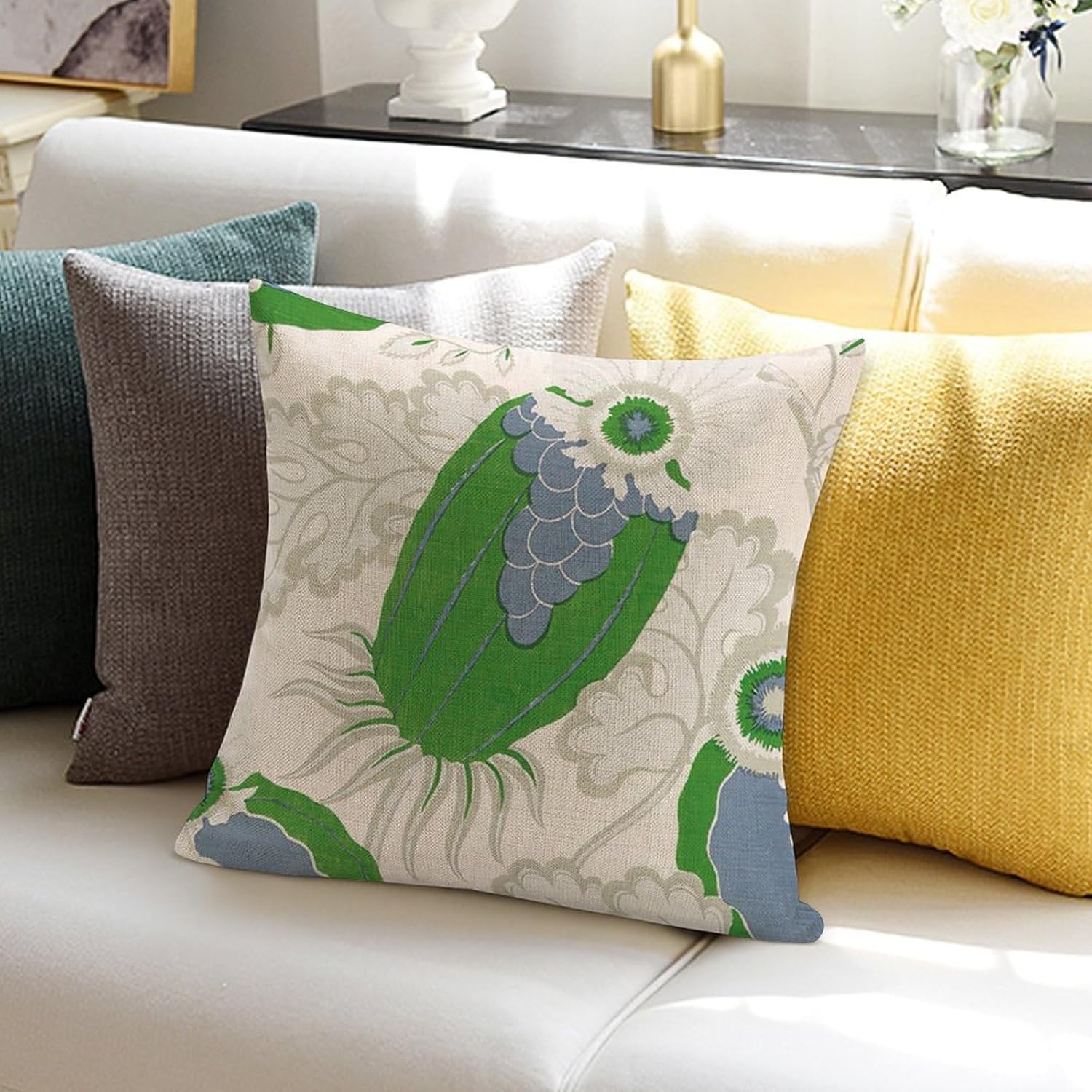 Funda de almohada estilo chinoiserie verde, floral, azul, marfil, funda de almohada europea verde, funda de cojín asiática, 20 x 20 pulgadas, funda