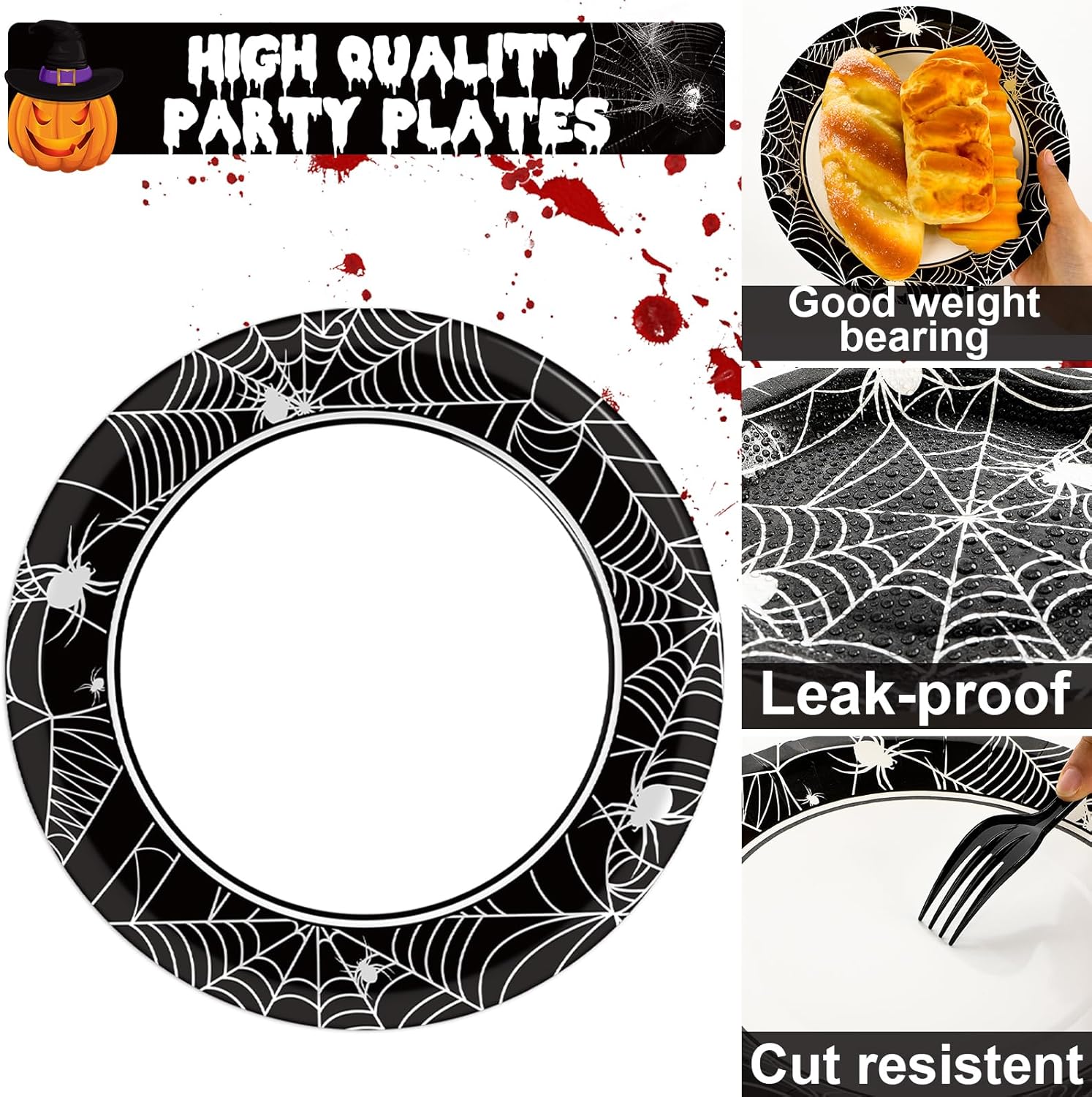 50 platos y servilletas de fiesta de telaraña de Halloween, suministros para fiesta, juego de vajilla de fiesta de telaraña, blanco y negro,