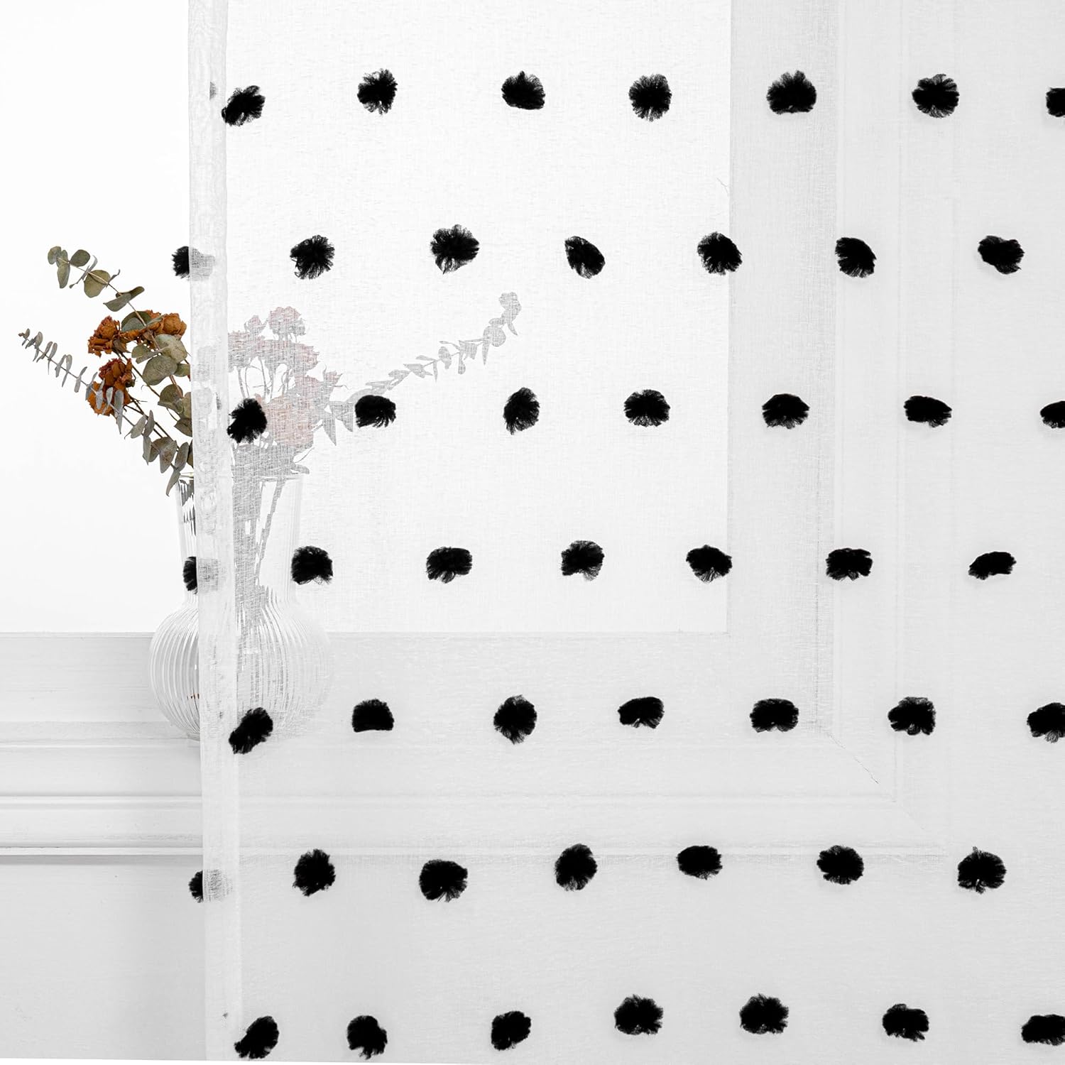 MYSKY HOME Cortinas para sala de estar de 84 pulgadas de largo, cortinas negras con pompones para dormitorio, cortinas transparentes para ventanas