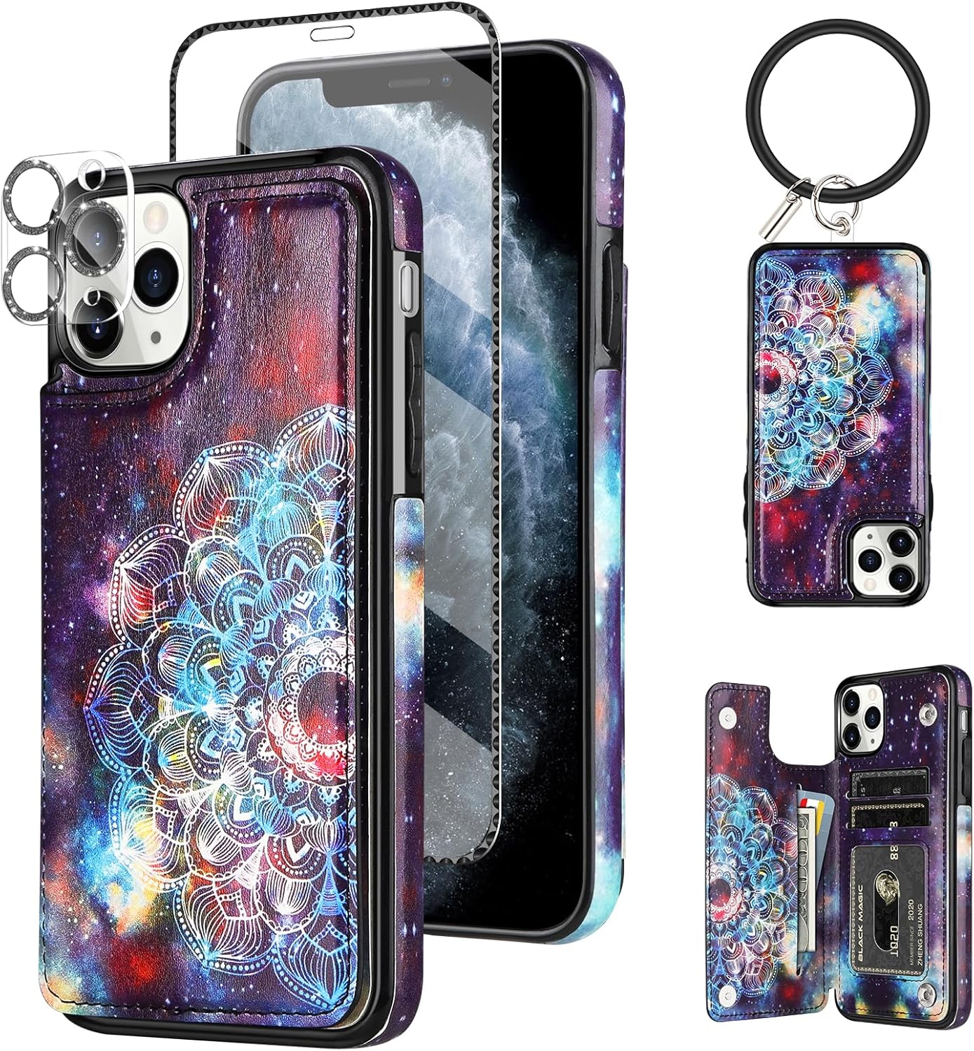 HianDier Funda tipo cartera para iPhone 11 Pro Max de 6.5 pulgadas con pulsera, protector de pantalla + funda para cámara, con ranura para tarjeta