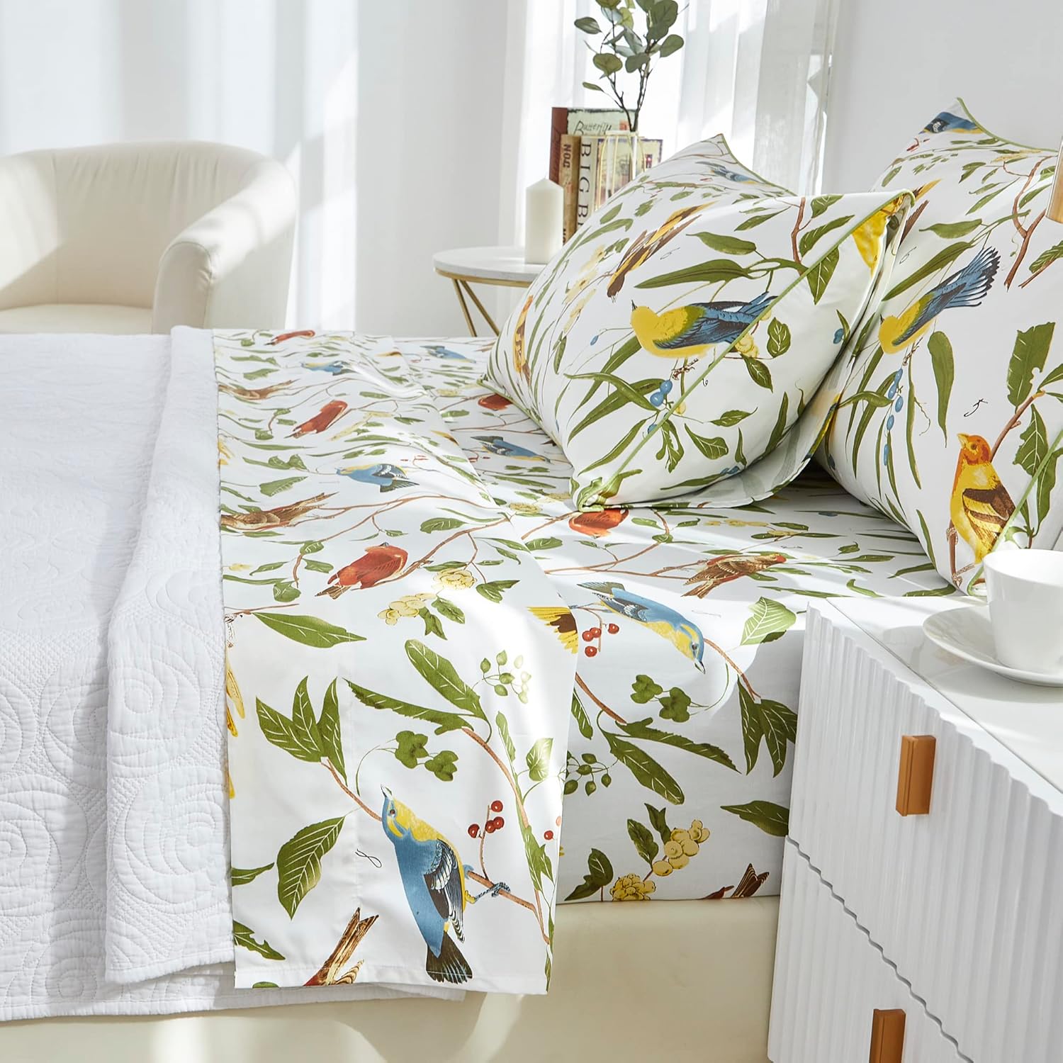 Brandream Juego de sábanas de lujo con diseño de pájaros florales orientales, 800 hilos, 100% algodón egipcio, bolsillo profundo, color blanco,