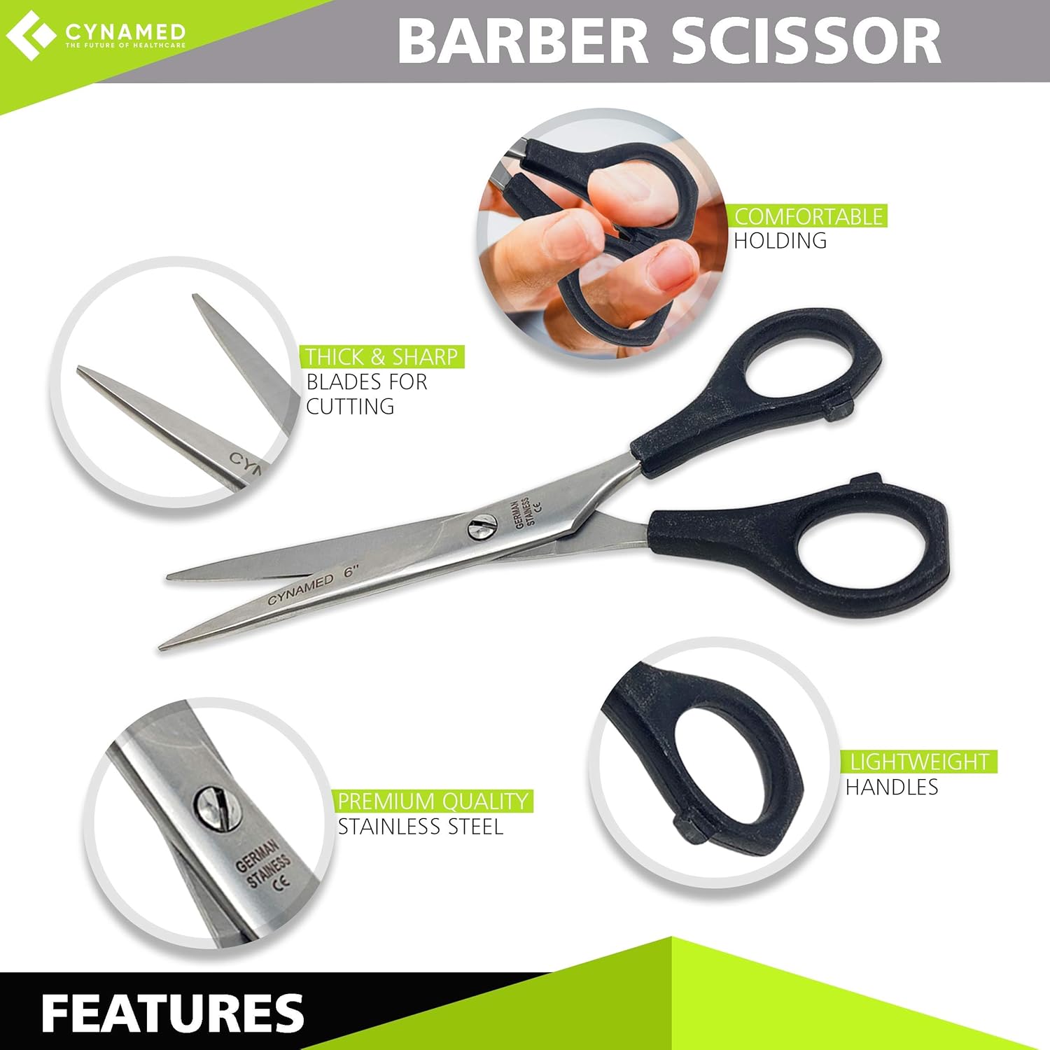 Cynamed Tijeras profesionales de corte de pelo de peluquero de la serie Razor Edge – Tijeras de salón de acero inoxidable – Longitud total – Ajuste