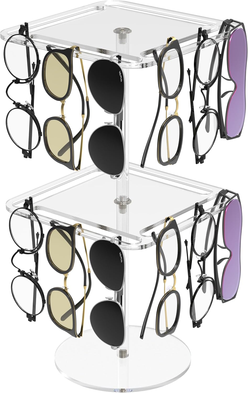 Estante de exhibición de gafas de sol y lentes de acrílico giratorio de 360 – Organizador de mesa transparente de doble nivel para gafas