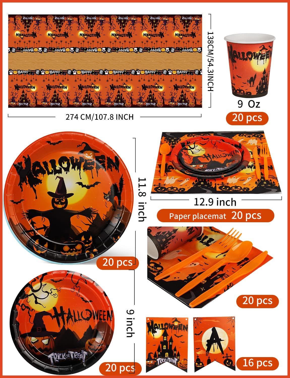 141 piezas de suministros para fiesta de Halloween  Decoración de fiesta de Halloween incluye platos, vasos, servilletas, pancarta, cubiertos,