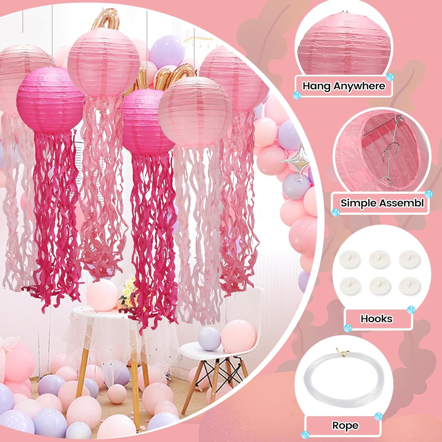 Decoraciones de cumpleaños de sirena, decoración de medusas, paquete de 6, faroles de medusas rosas con cuerda y gancho, medusas colgantes para