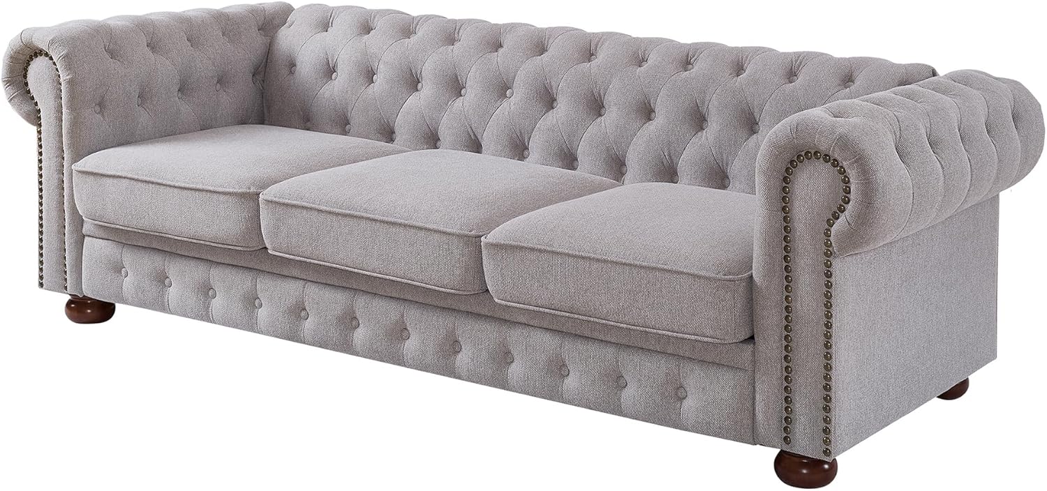Lestar Sofá Chesterfield de 3 plazas de 88 pulgadas con decoración de uñas en tela de lino, cómodos sofás para sala de estar (gris claro)