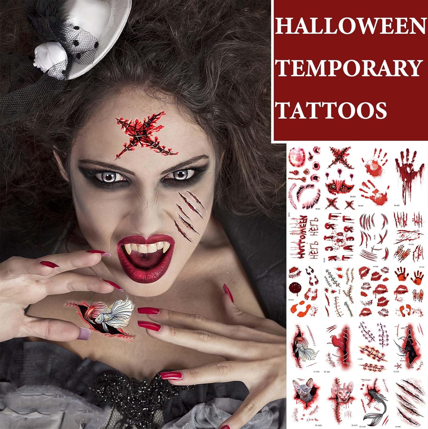 20 piezas de tatuajes temporales realistas para hombres y mujeres, cicatriz de herida sanguinaria, cicatriz de terror, zombi, Halloween, mascarada,