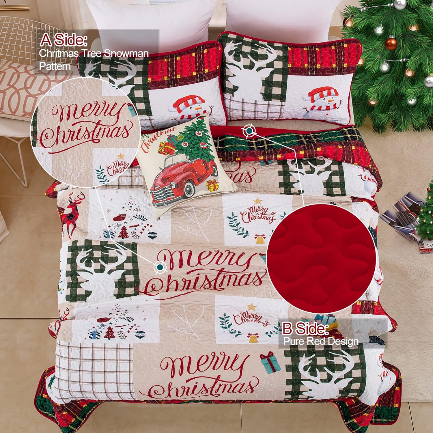 Juego de edredón de Navidad tamaño Queen, juego de ropa de cama acolchada con 2 fundas de almohada, diseño de muñeco de nieve, árbol de Navidad,