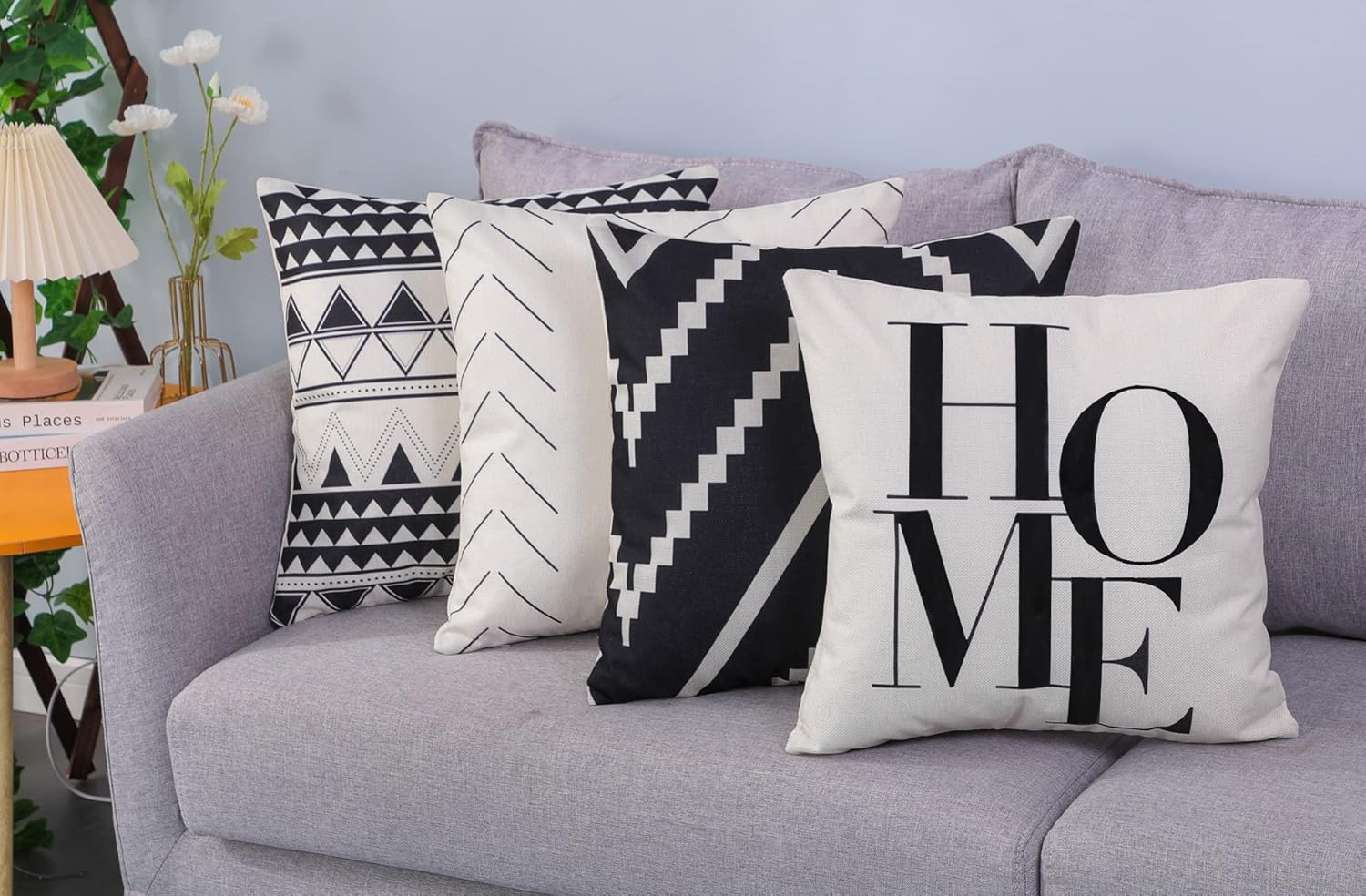 Juego de 4 fundas decorativas de 16 x 16 pulgadas para sofá, fundas cuadradas en blanco y negro para cojines de cama y decoración de sala de estar