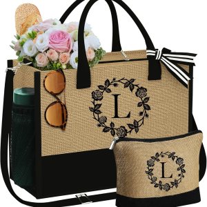 Regalos para mujeres  Bolsa de yute con inicial de playa y bolsa de maquillaje, regalos de graduación 2024, regalos de cumpleaños para mejor amiga Regalos para mujeres  Bolsa de yute con inicial de playa y bolsa de maquillaje, regalos de graduación 2024, regalos de cumpleaños para mejor amiga