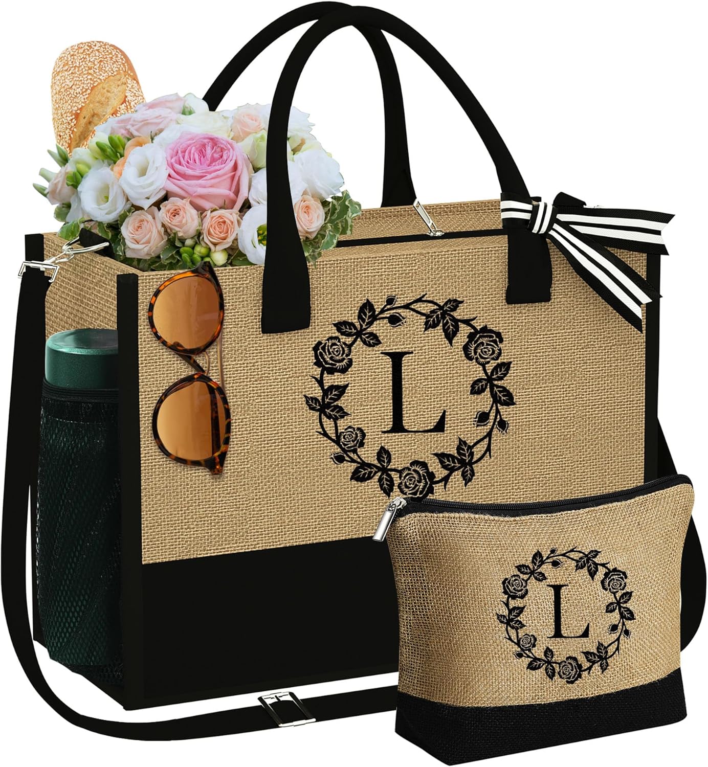 Regalos para mujeres  Bolsa de yute con inicial de playa y bolsa de maquillaje, regalos de graduación 2024, regalos de cumpleaños para mejor amiga