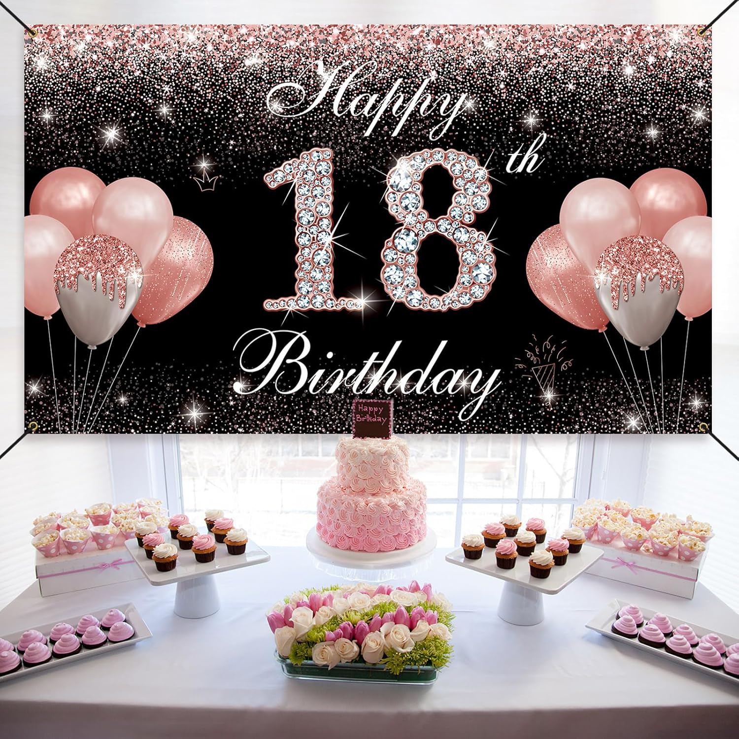 Decoraciones de cumpleaños de 18 años para niñas, pancarta de fondo de feliz cumpleaños 18, color oro rosa, cartel de fiesta de cumpleaños de 18