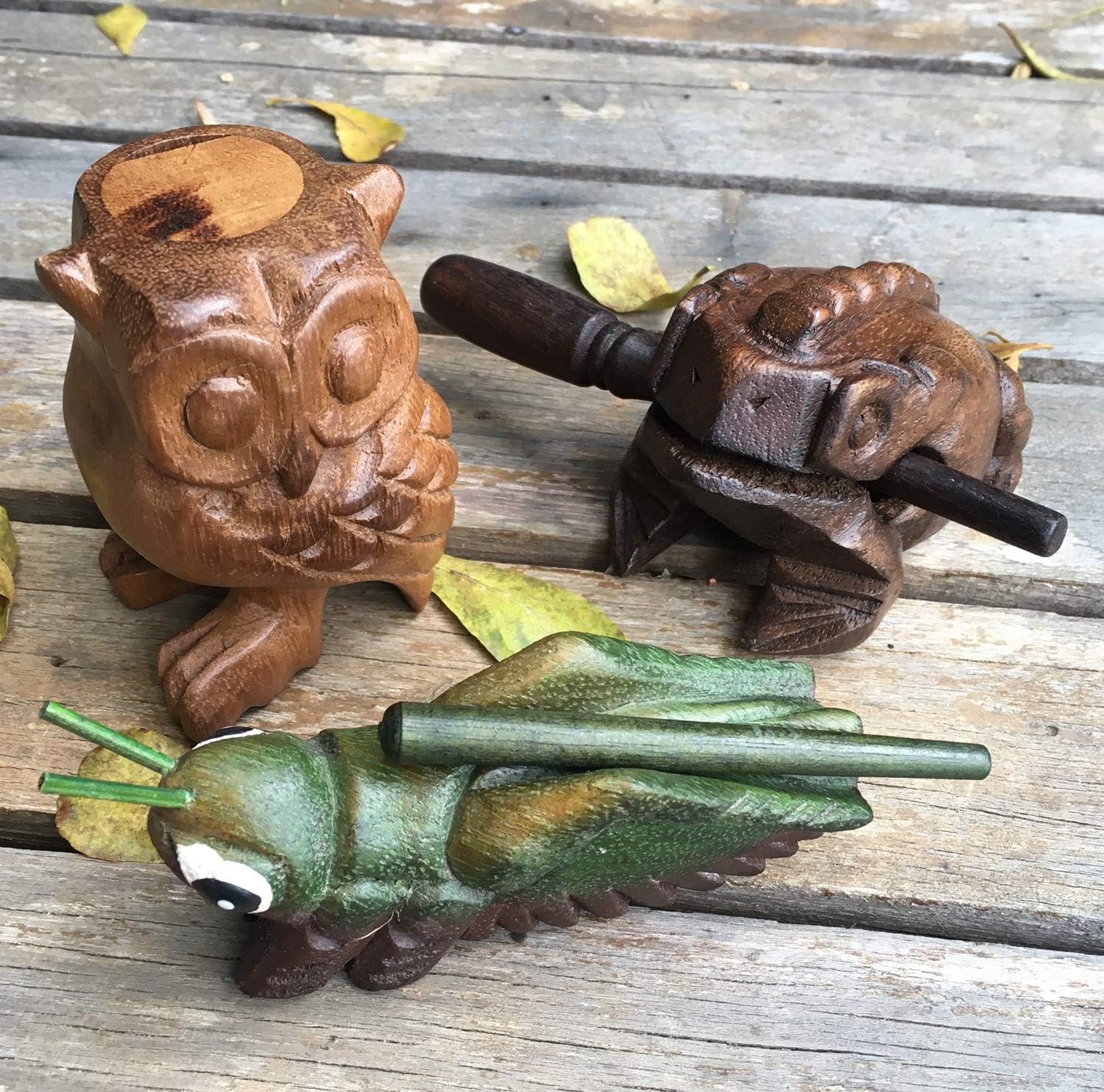 Juego de 3 instrumentos musicales de rana, grillo y búho de percusión de madera de Tailandia, decoración de oficina en casa, bonito regalo (mediano)
