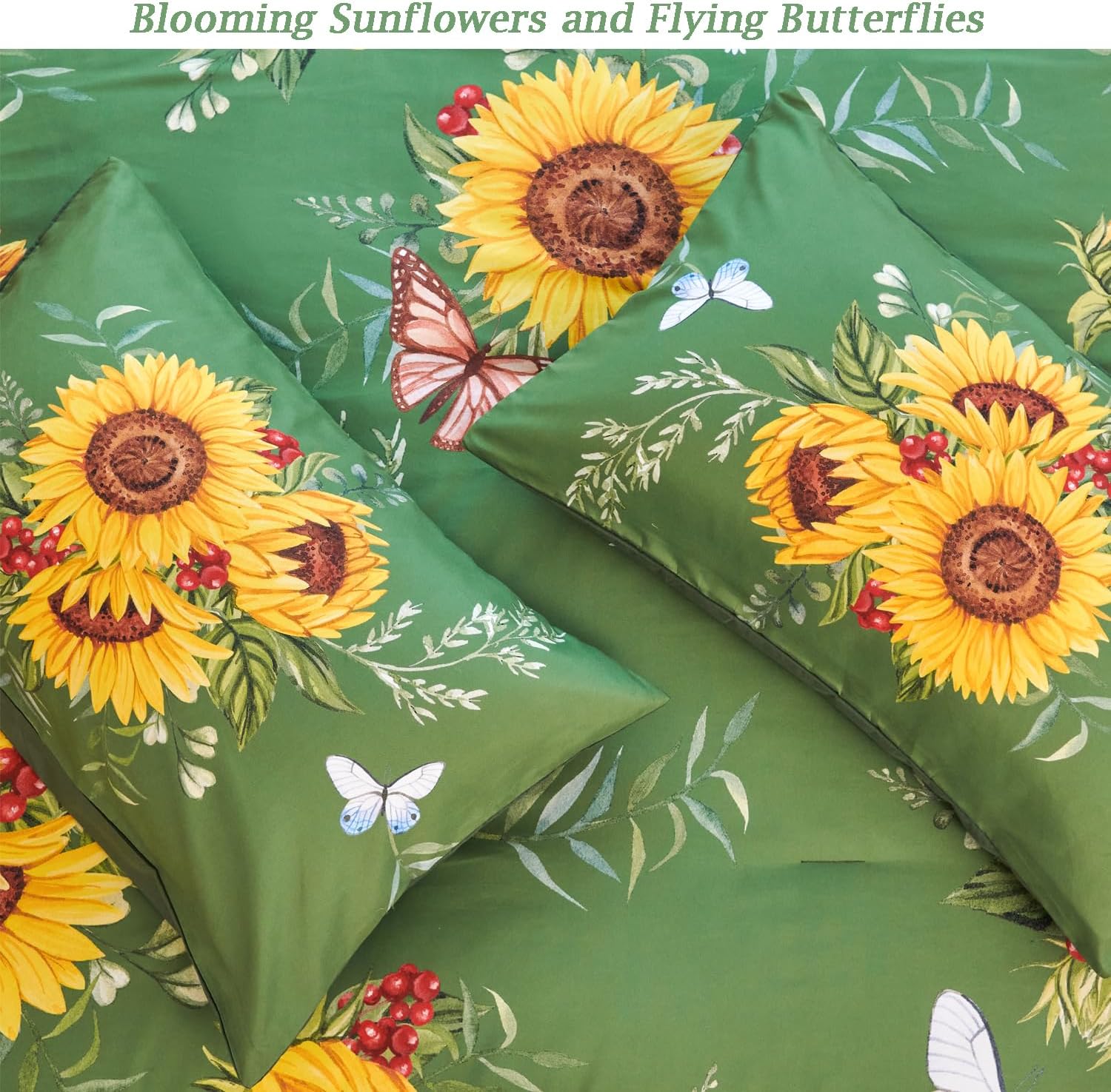 Juego de edredón verde de girasol, juego de ropa de cama de 3 piezas con flores amarillas con plumón alternativo de mariposa, juego de edredón