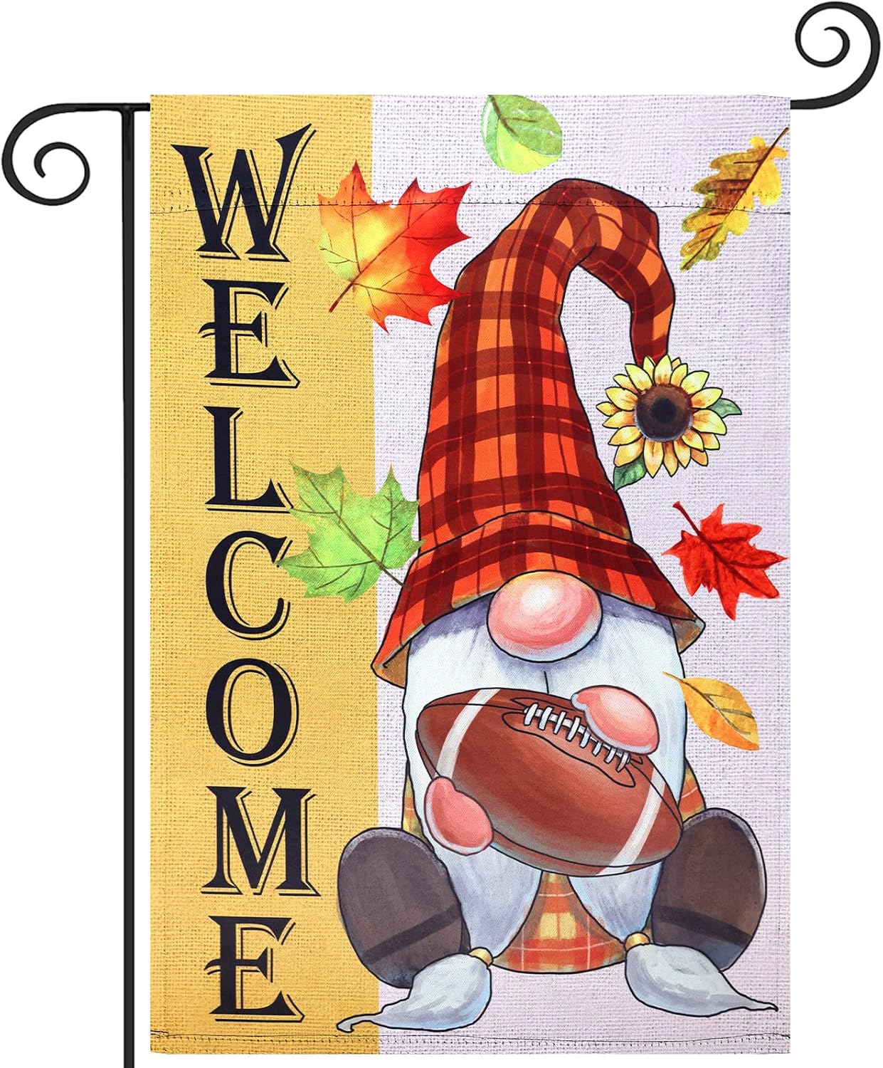 Bandera de jardín de bienvenida de otoño, 12.5 x 18 pulgadas, vertical, de doble cara, gnomo a cuadros con soporte de fútbol, decoración de otoño
