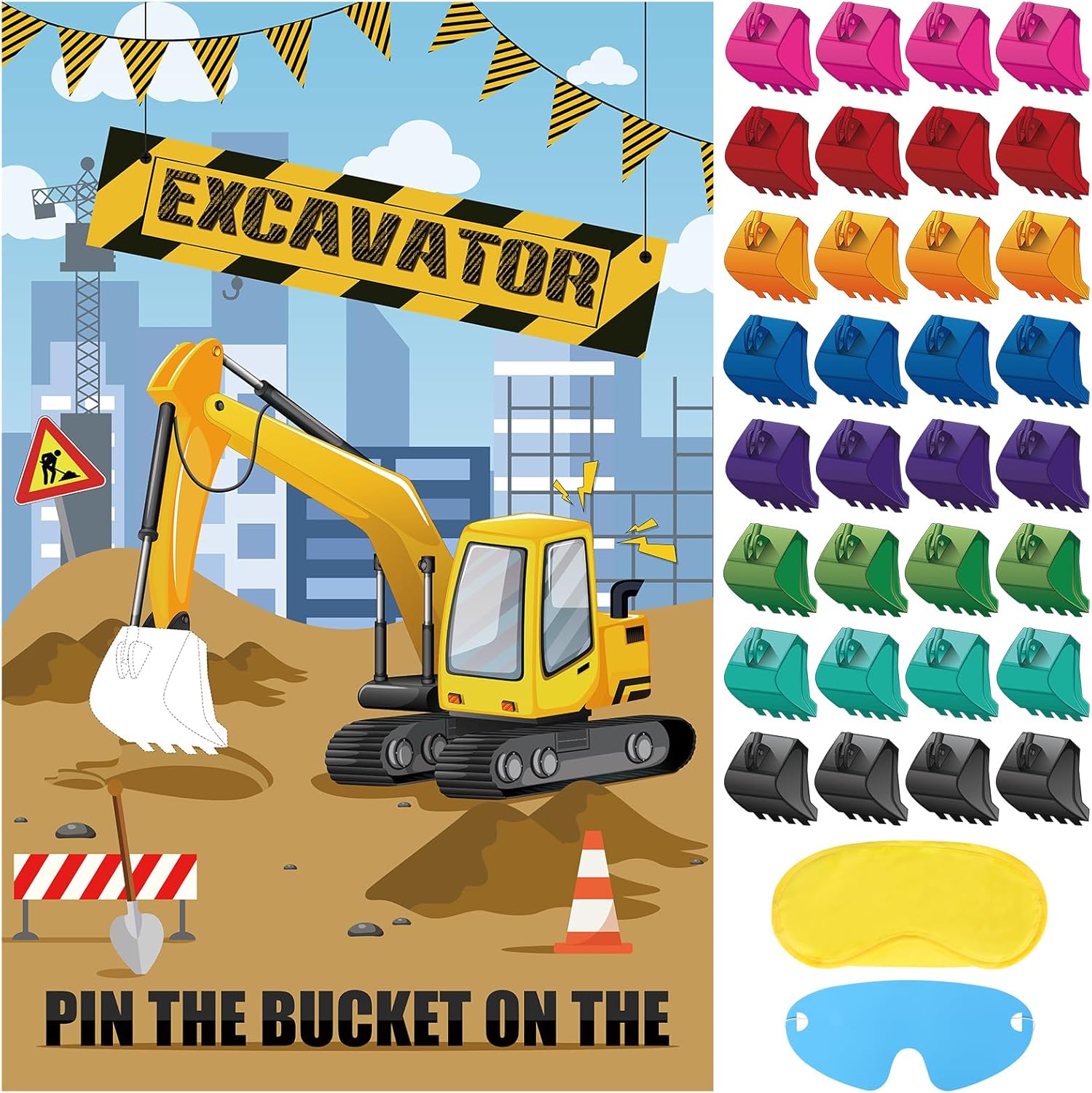 Hxezoc Pin The Bucket on The Excavator Game con 32 cubos grandes de construcción para juegos de fiesta para niños, fiesta de cumpleaños, suministros