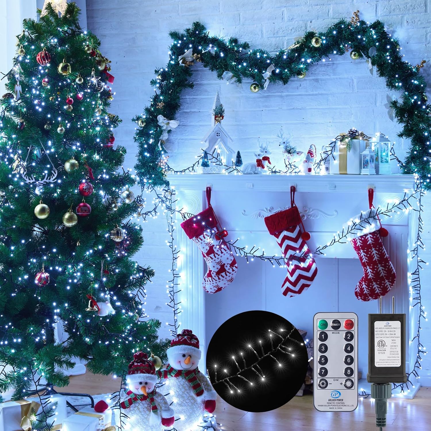 Luces de Navidad para exteriores, 1000 luces LED de 50 pies, 4 unidades, brillantes, 8 modos de temporizador, control remoto, impermeable,