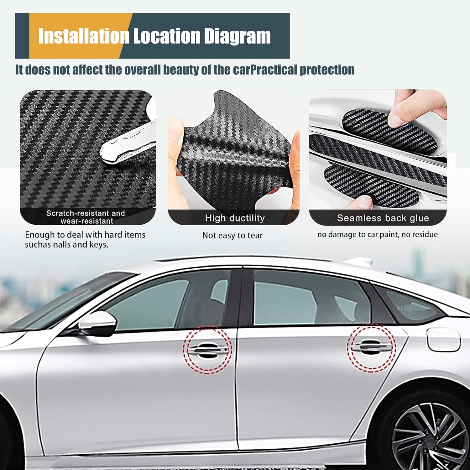 4 calcomanías para manija de puerta de automóvil, 3.3 x 3.4 pulgadas, textura de fibra de carbono, antiarañazos, impermeable, sin rastros, protector