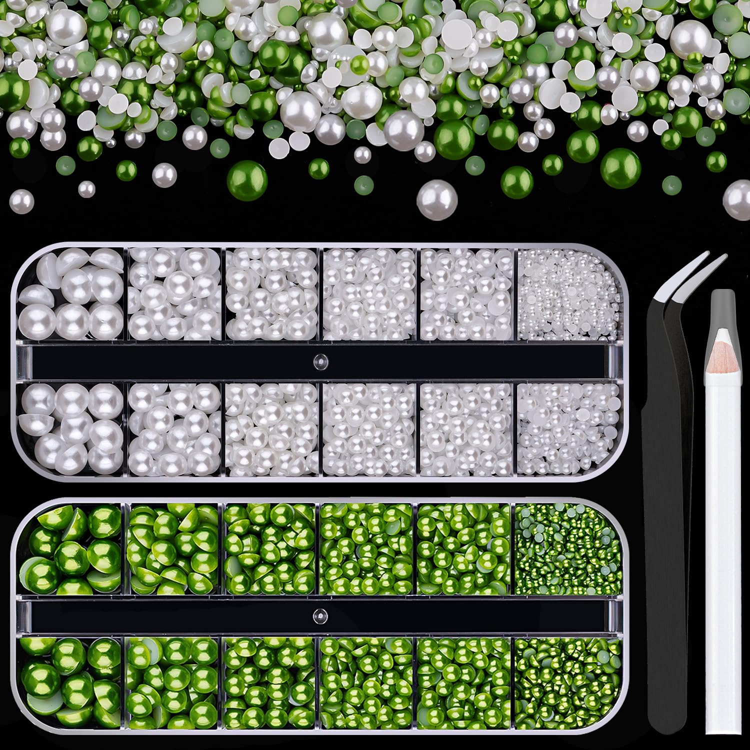 Kit de 2 cajas de perlas con parte trasera plana, 11 perlas semicirculares blancas y verdes con lápiz de recogida y pinzas para bricolaje en el