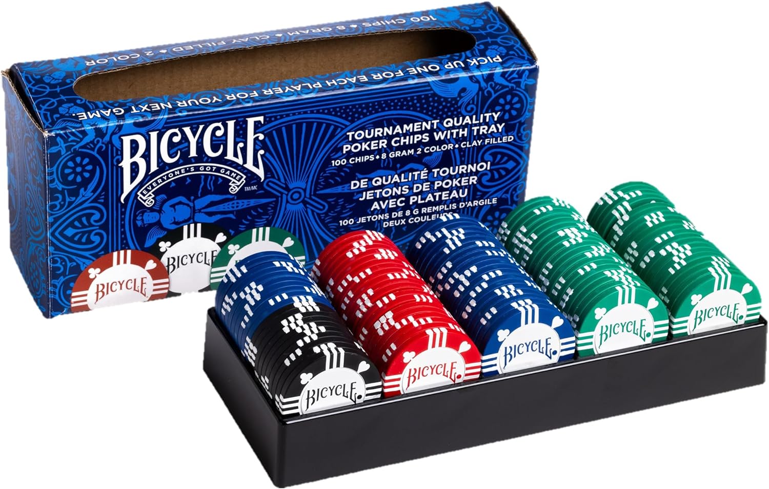Bicycle Fichas de póquer de arcilla 8G, 100 unidades, con bandeja de casino, fichas de póquer rellenas de arcilla 8G prémium con bandeja de casino,