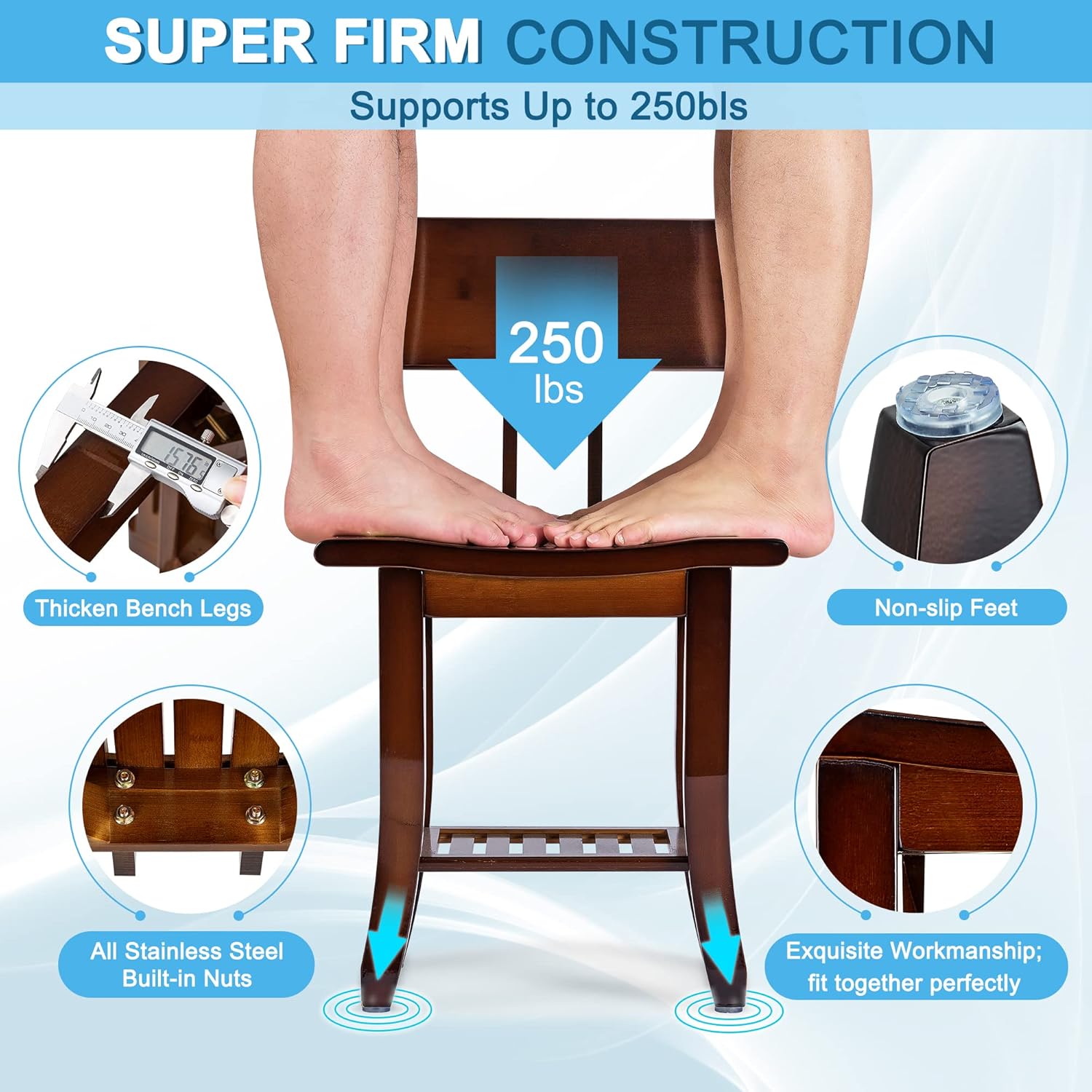ETECHMART Banco de ducha de bambú con respaldo y jabonera, silla de ducha de 2 niveles, asiento de baño con asa para baño, bañera, personas mayores