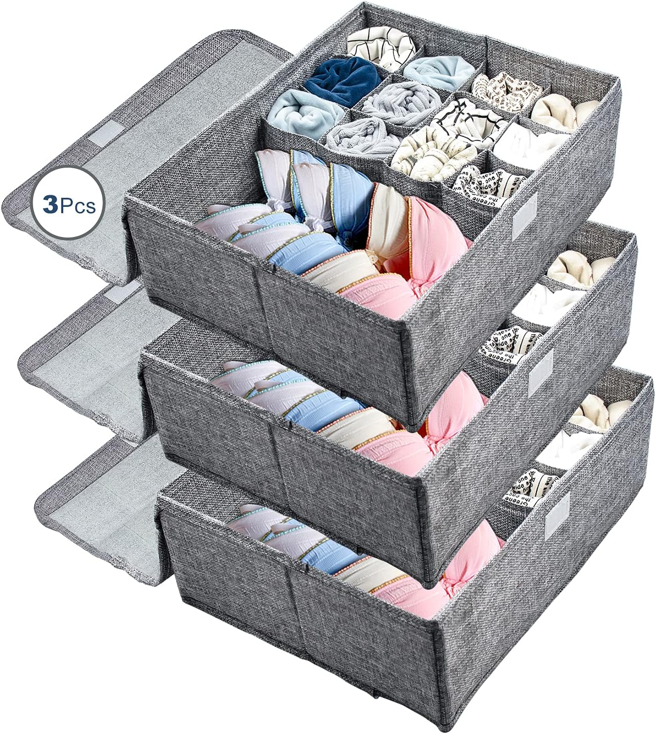 Paquete de 3 organizadores de ropa interior para armario, caja de almacenamiento con tapa, 13 celdas plegables a prueba de polvo de lino, divisores