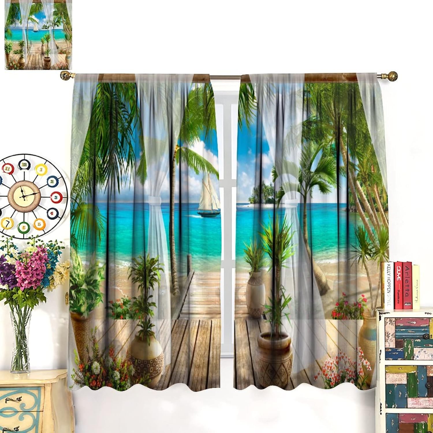 Cortinas de paisaje, ventana tropical con vista al mar, océano, playa, barco, cortinas con estampado de palmeras para dormitorio, sala de estar,