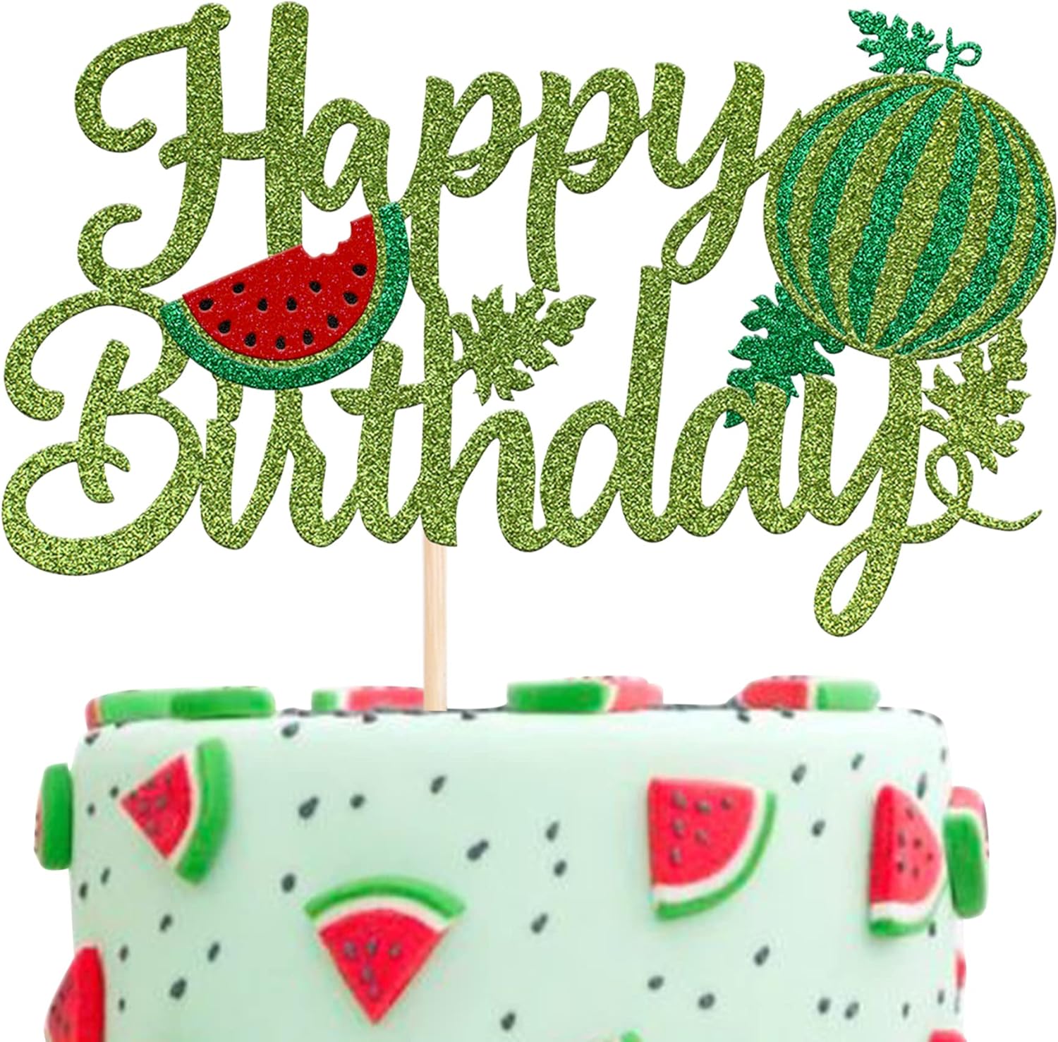 1 paquete de decoración de pastel de feliz cumpleaños con purpurina de sandía para cupcakes, baby shower, sandía, fruta, niños, fiesta de